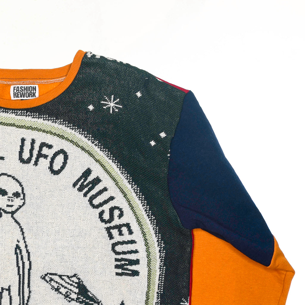 Roswell Landing Tapestry Panel Pullover — Rare UFO Museum Upcycled Alien Artwear Sweatshirt