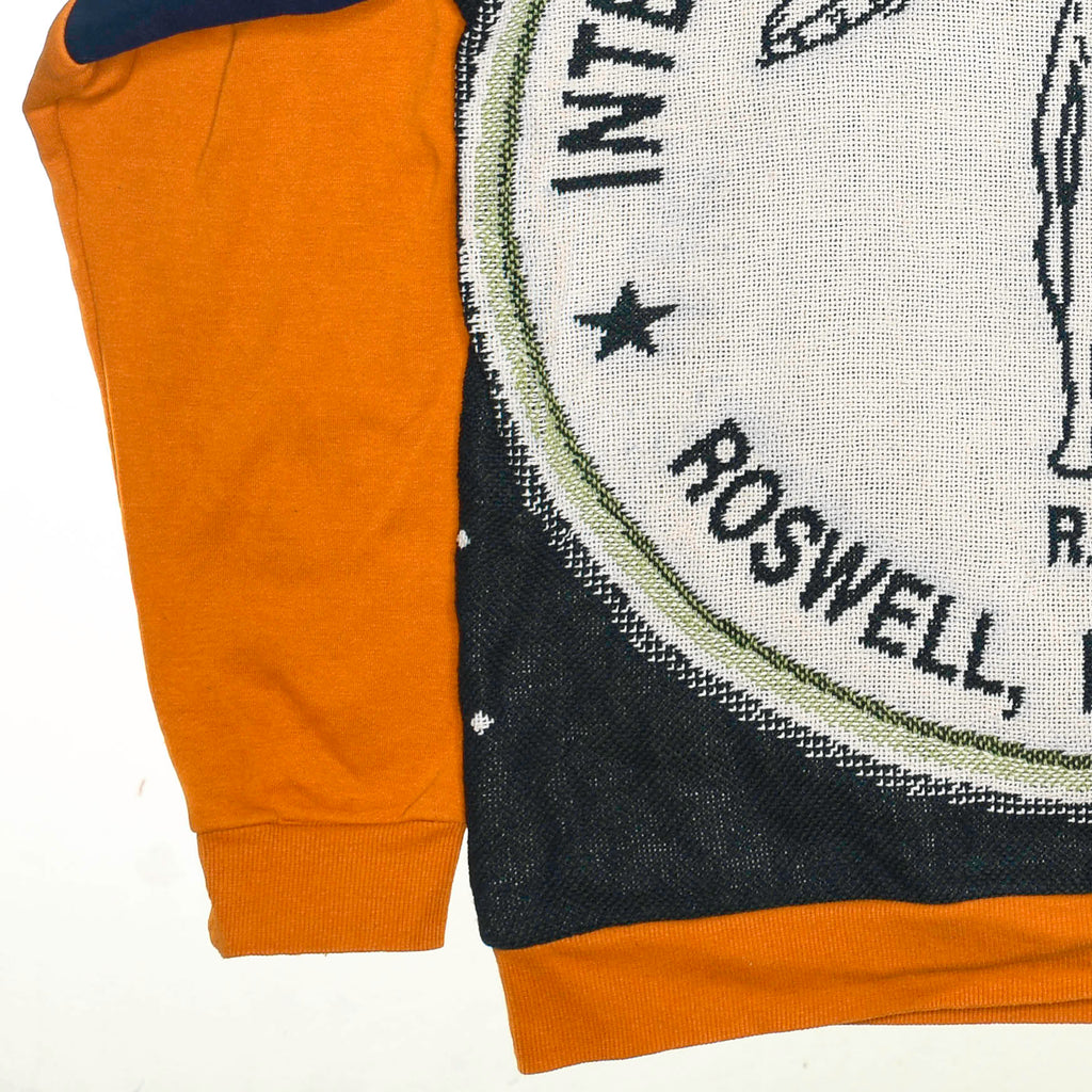Roswell Landing Tapestry Panel Pullover — Rare UFO Museum Upcycled Alien Artwear Sweatshirt