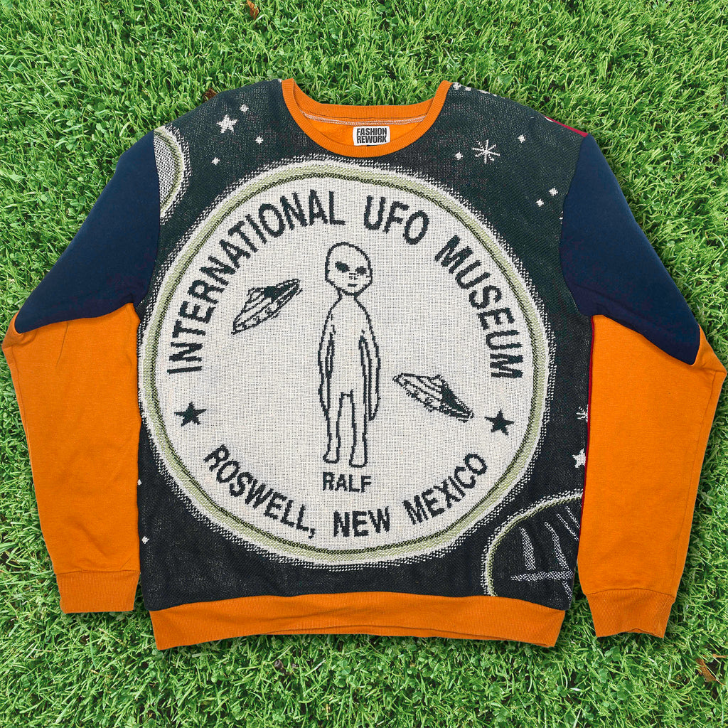 Roswell Landing Tapestry Panel Pullover — Rare UFO Museum Upcycled Alien Artwear Sweatshirt