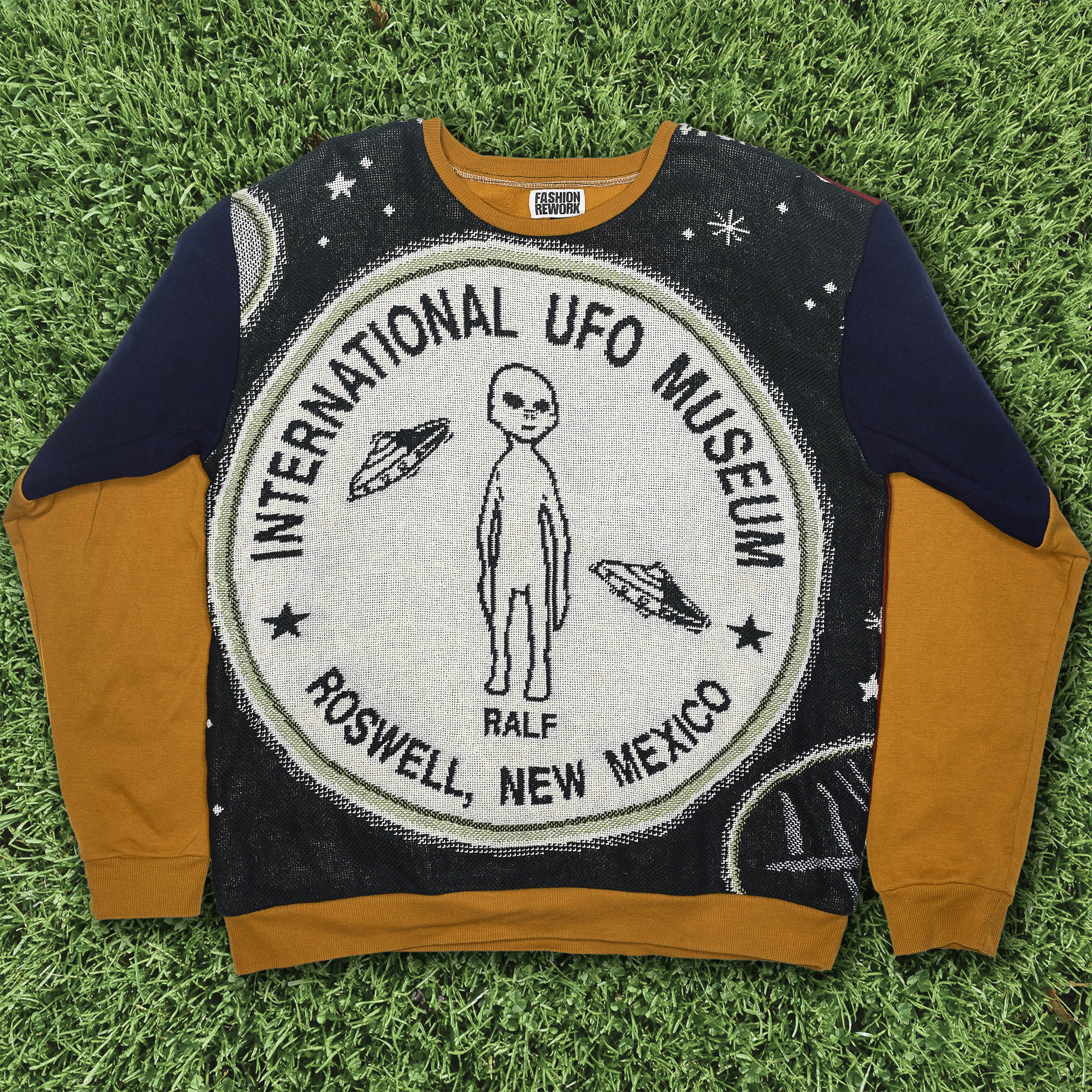 Roswell Landing Tapestry Panel Pullover — Rare UFO Museum Upcycled Alien Artwear Sweatshirt