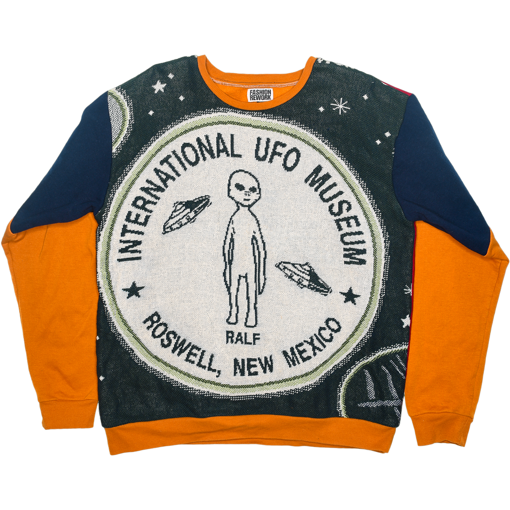 Roswell Landing Tapestry Panel Pullover — Rare UFO Museum Upcycled Alien Artwear Sweatshirt
