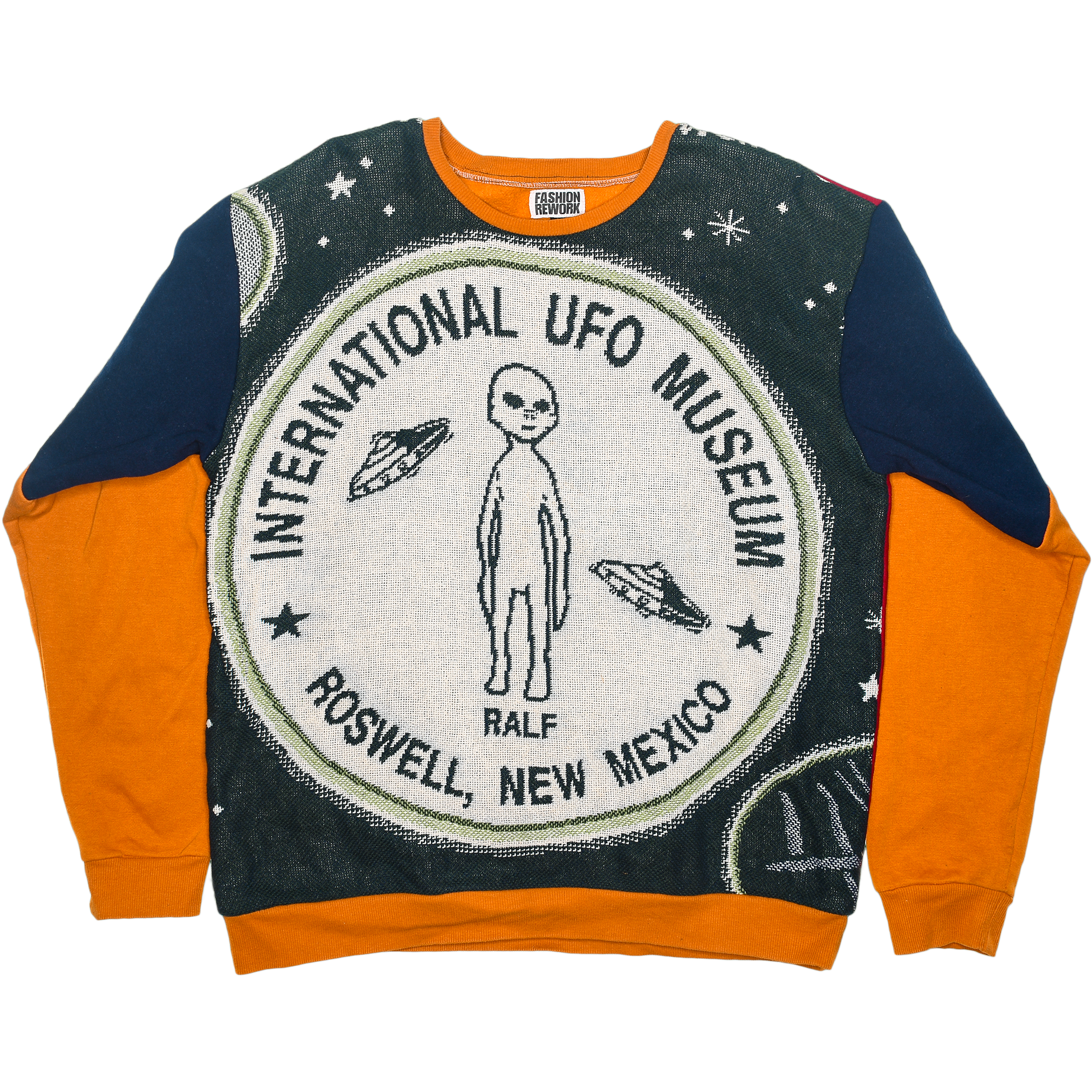 Roswell Landing Tapestry Panel Pullover — Rare UFO Museum Upcycled Alien Artwear Sweatshirt