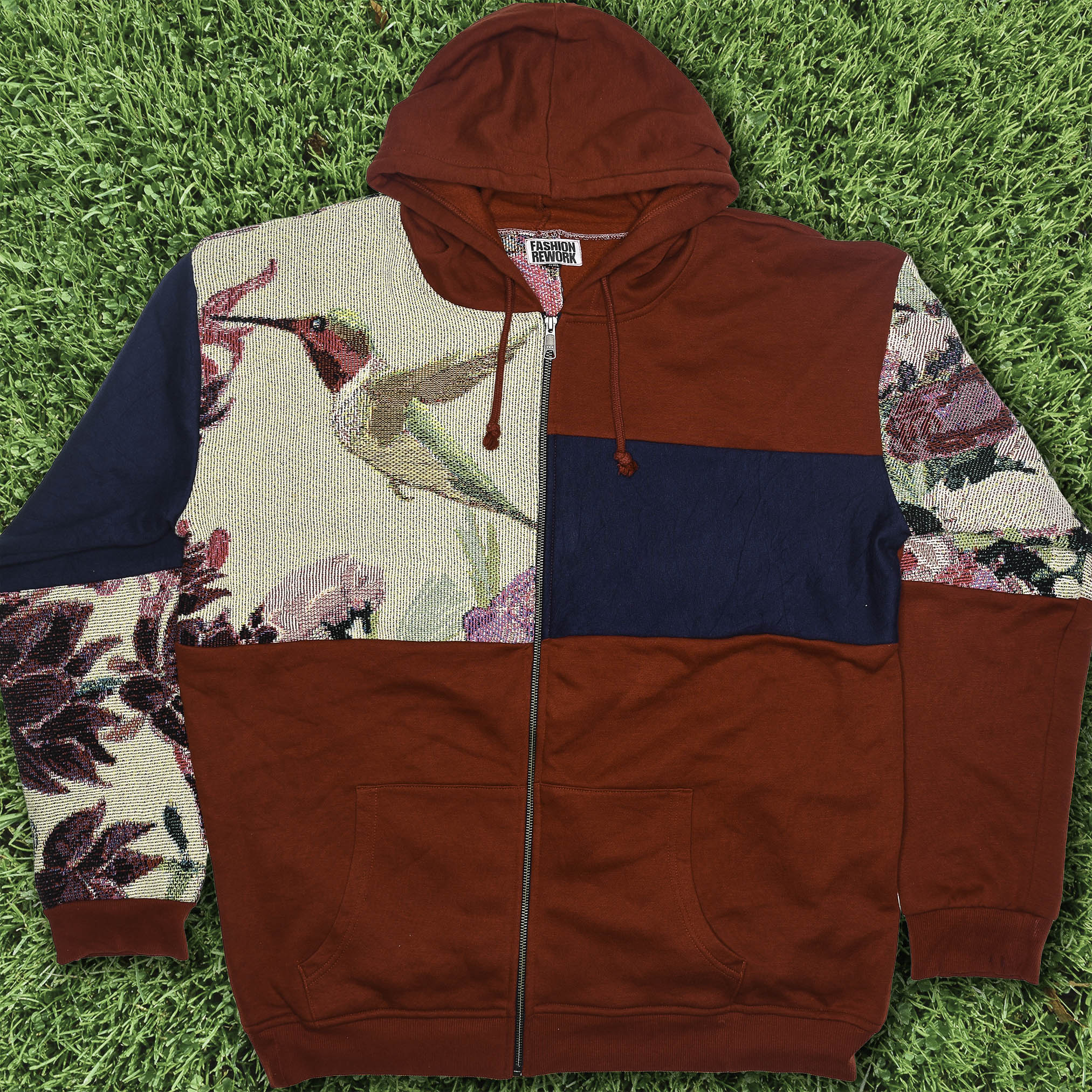 Hummingbird Patchwork Tapestry Zip Up Hoodie