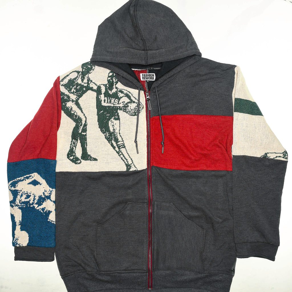 Vintage Basketball Patchwork Tapestry Zip Up Hoodie