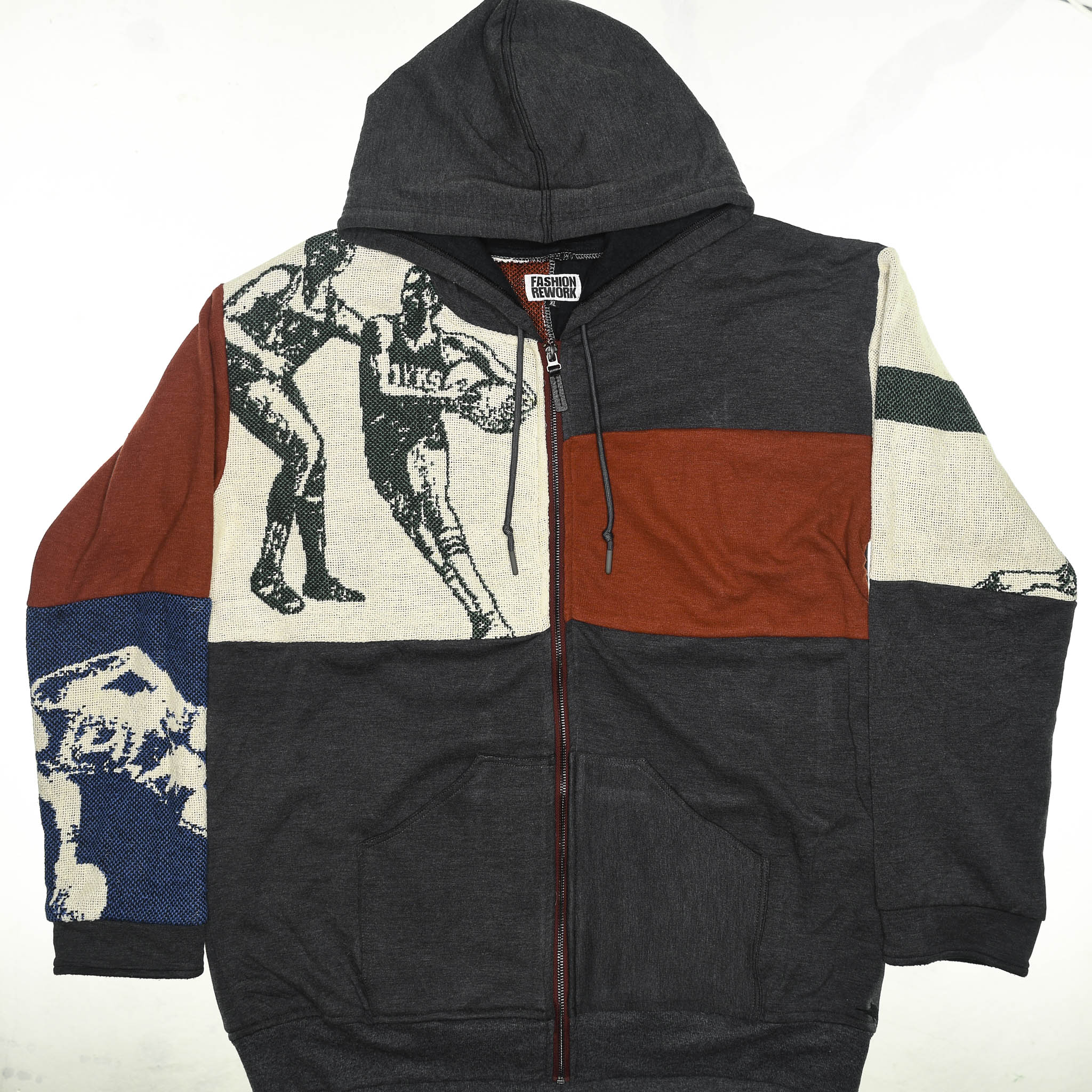Vintage Basketball Patchwork Tapestry Zip Up Hoodie