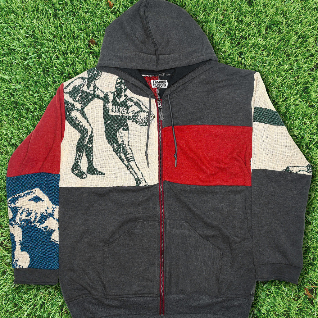 Vintage Basketball Patchwork Tapestry Zip Up Hoodie