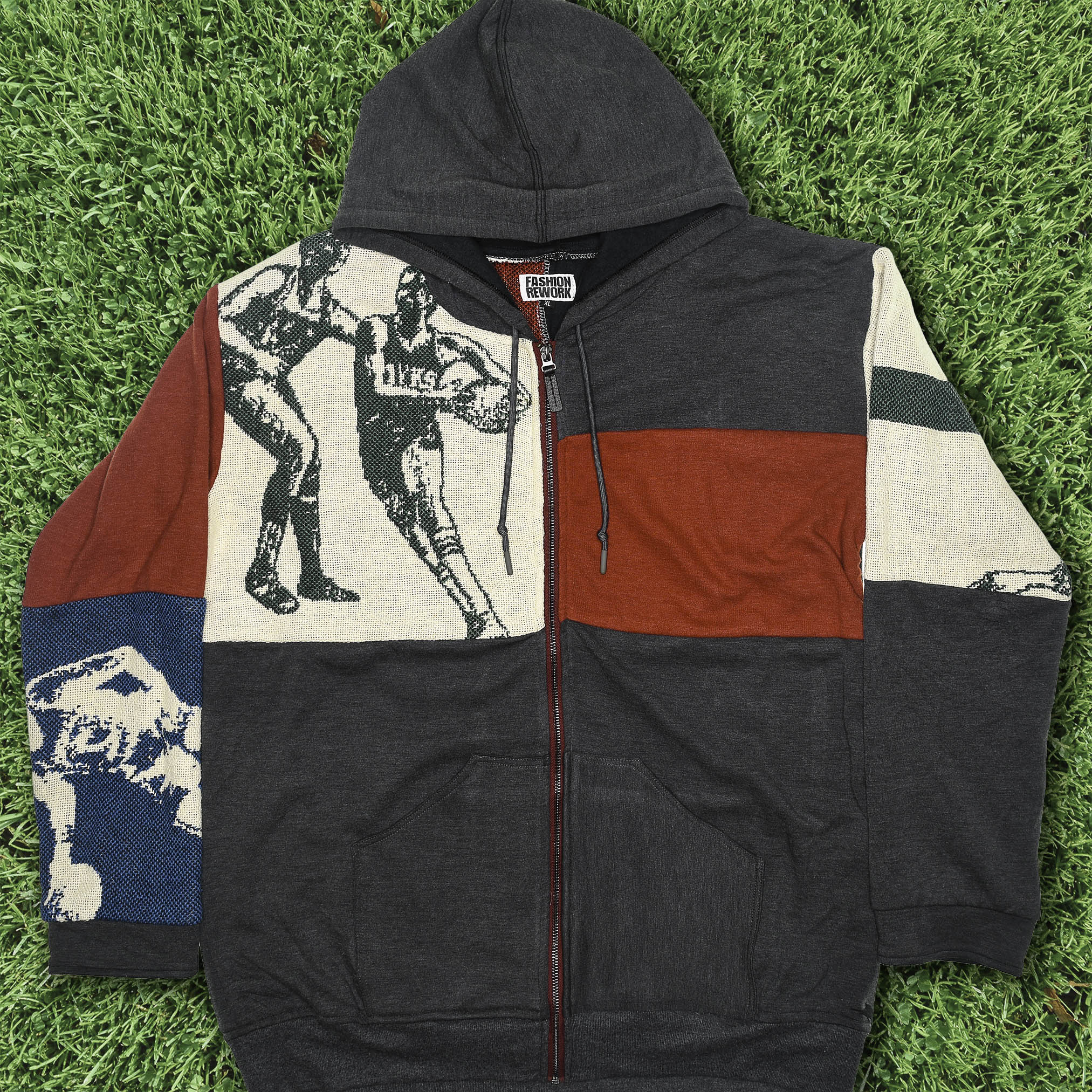 Vintage Basketball Patchwork Tapestry Zip Up Hoodie