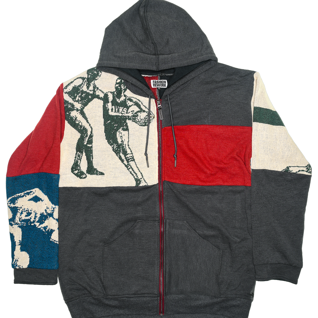 Retro Basketball Patchwork Tapestry Zip Up Hoodie