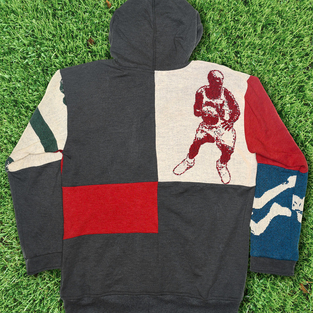 Vintage Basketball Patchwork Tapestry Zip Up Hoodie