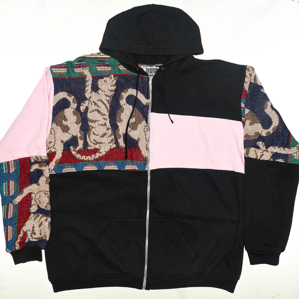 Playful Cat Patchwork Tapestry Zip Up Hoodie