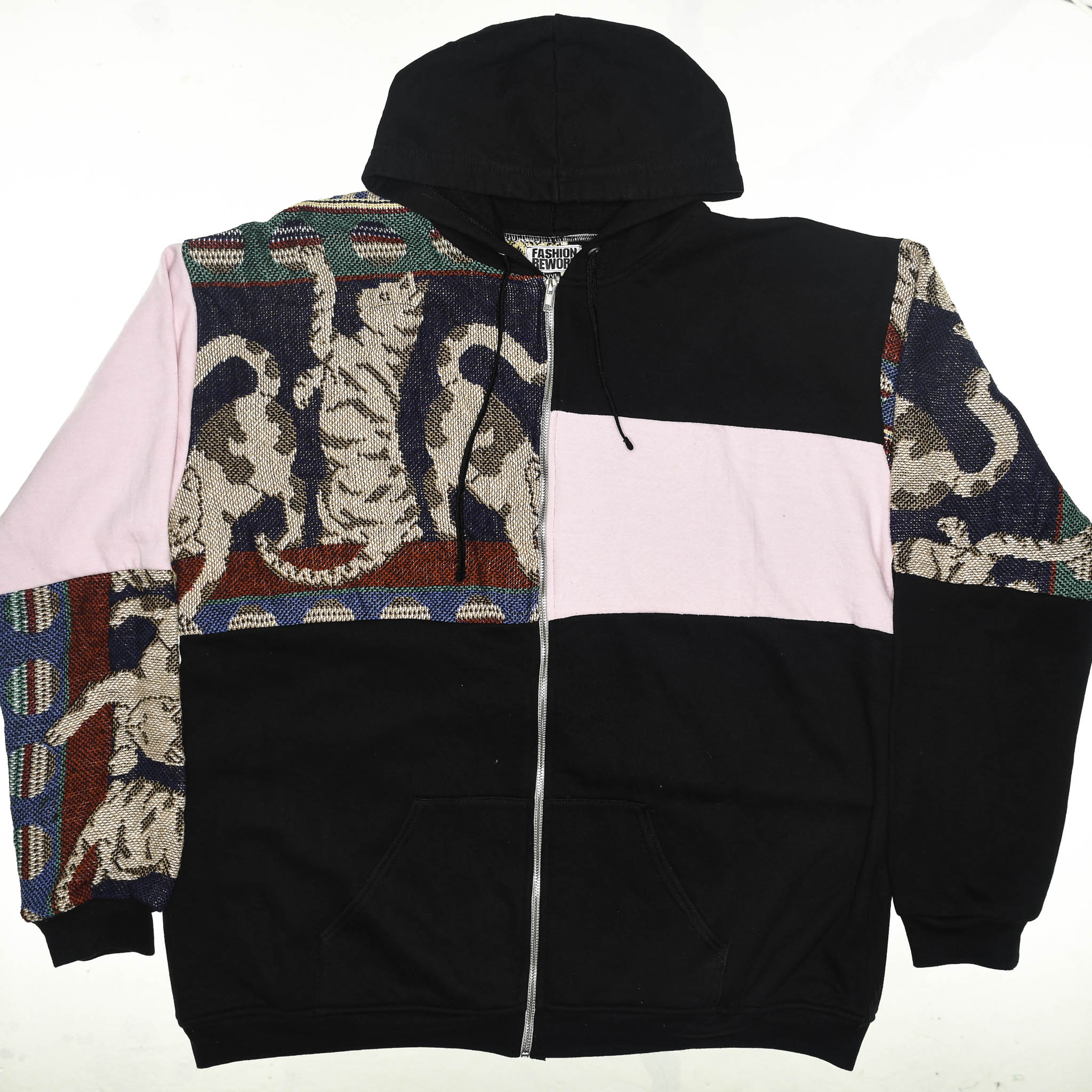 Playful Cat Patchwork Tapestry Zip Up Hoodie