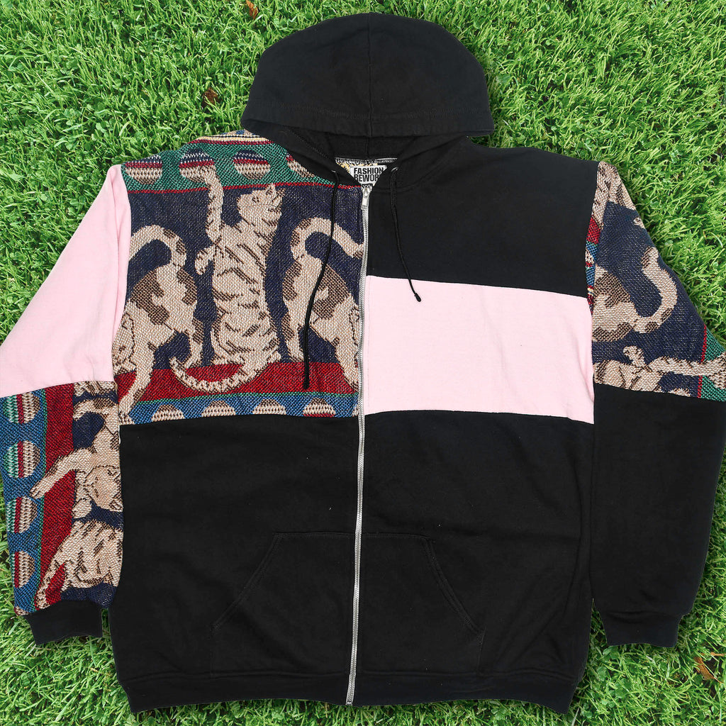 Playful Cat Patchwork Tapestry Zip Up Hoodie