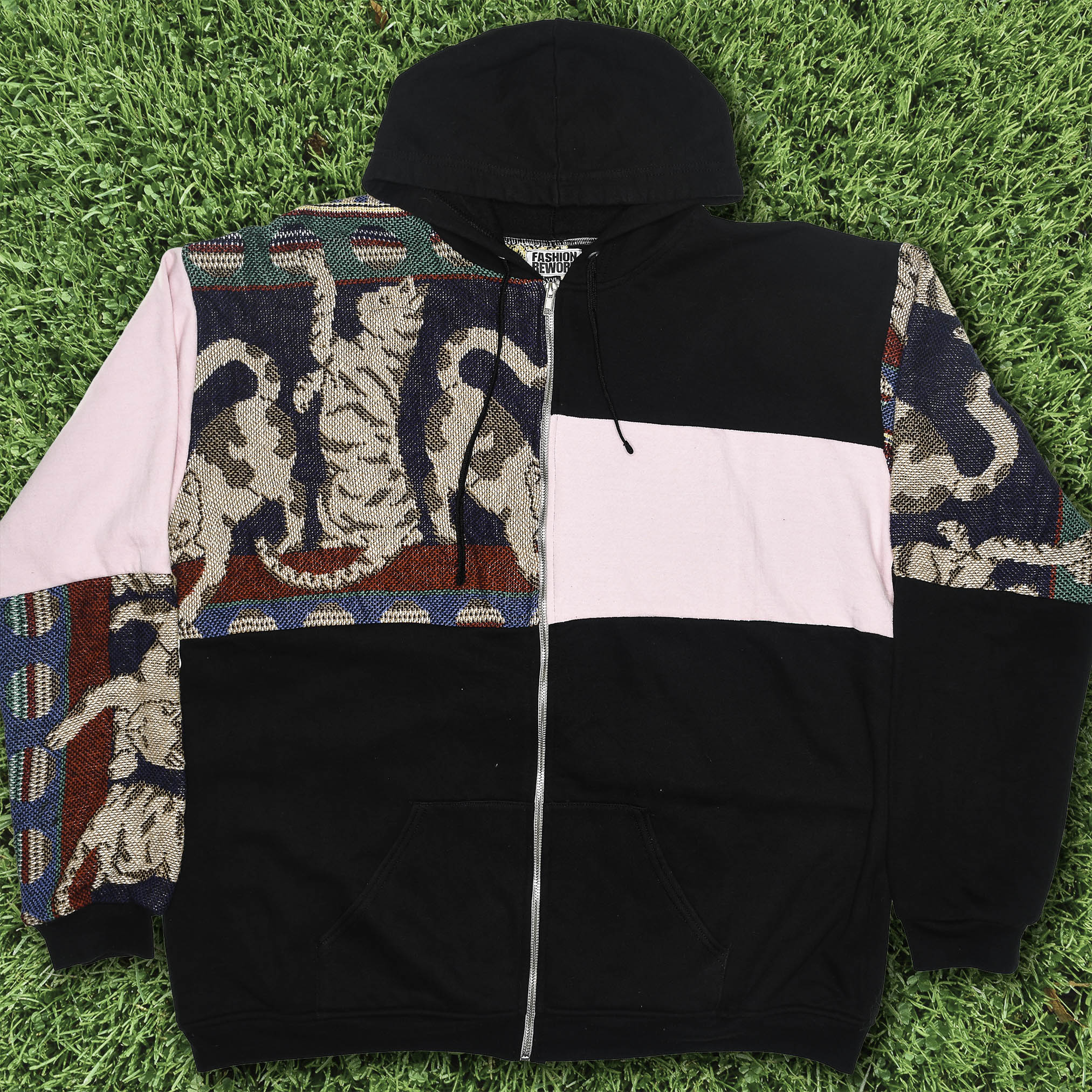Playful Cat Patchwork Tapestry Zip Up Hoodie