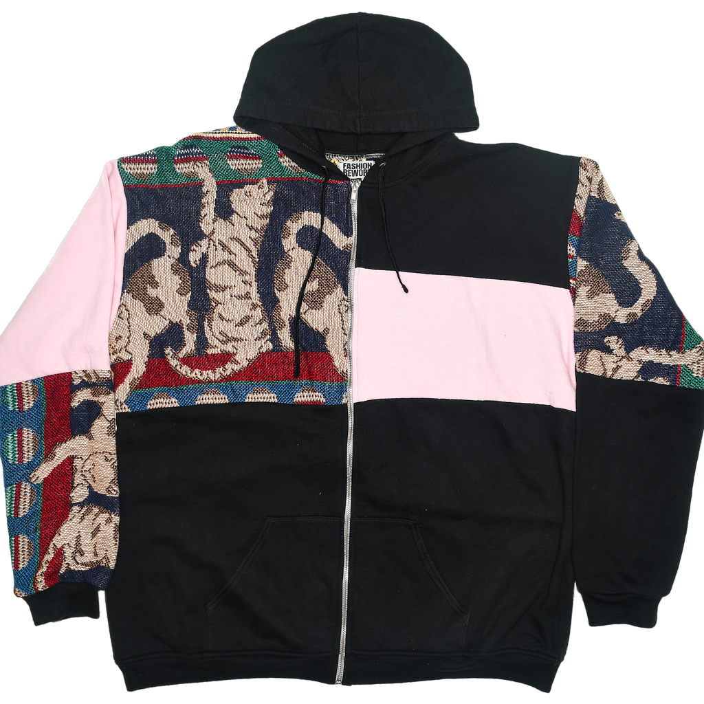 Playful Cat Patchwork Tapestry Zip Up Hoodie