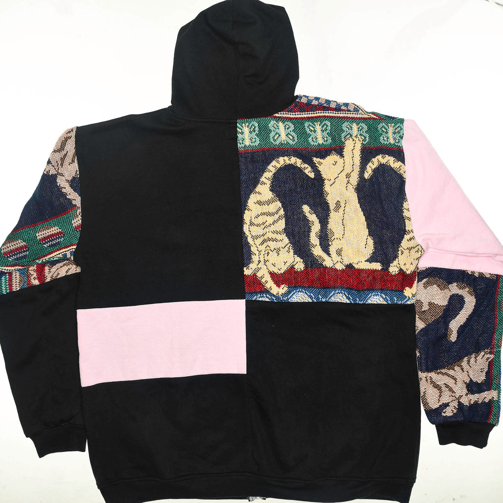 Playful Cat Patchwork Tapestry Zip Up Hoodie