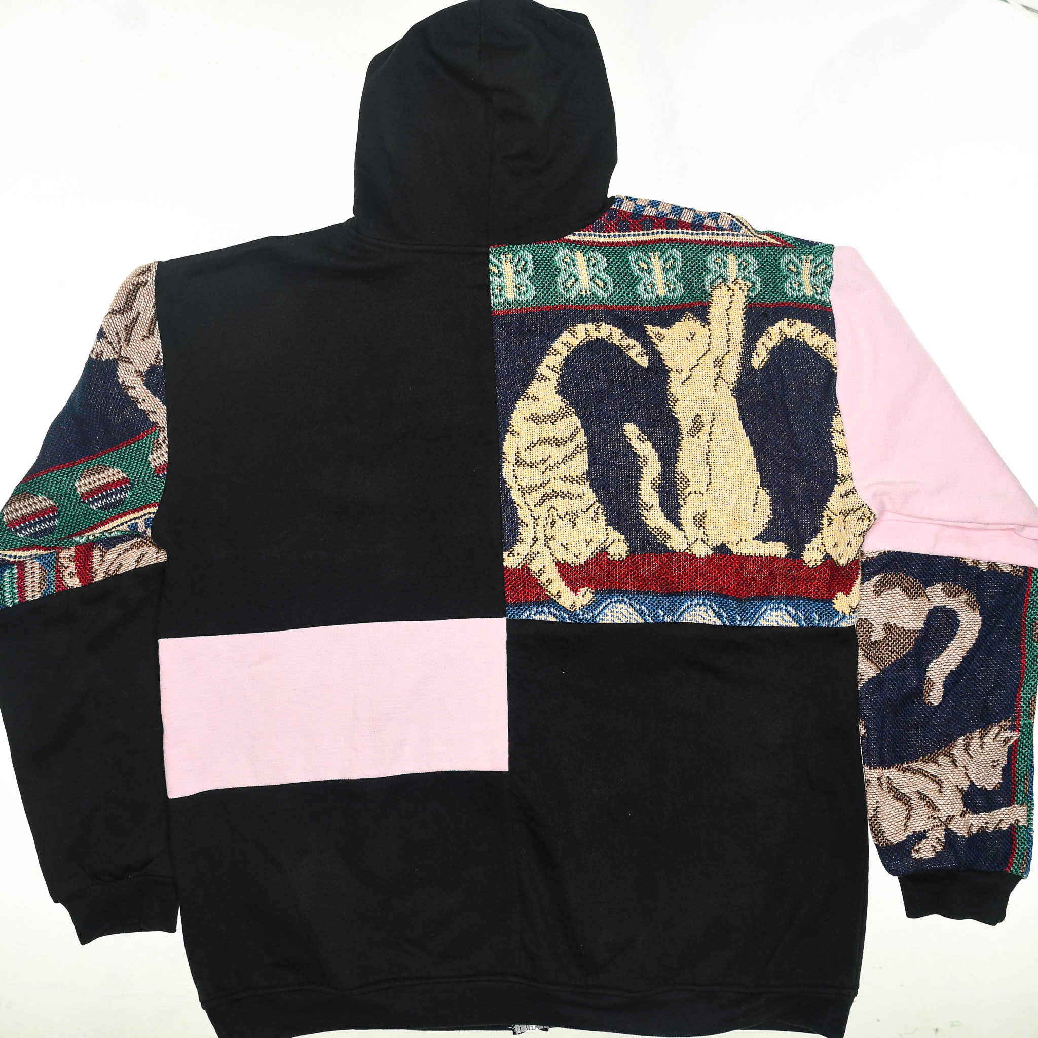 Playful Cat Patchwork Tapestry Zip Up Hoodie