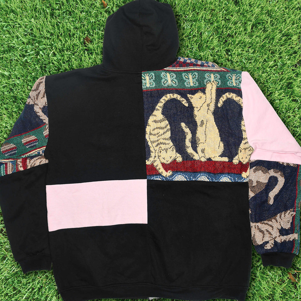 Playful Cat Patchwork Tapestry Zip Up Hoodie