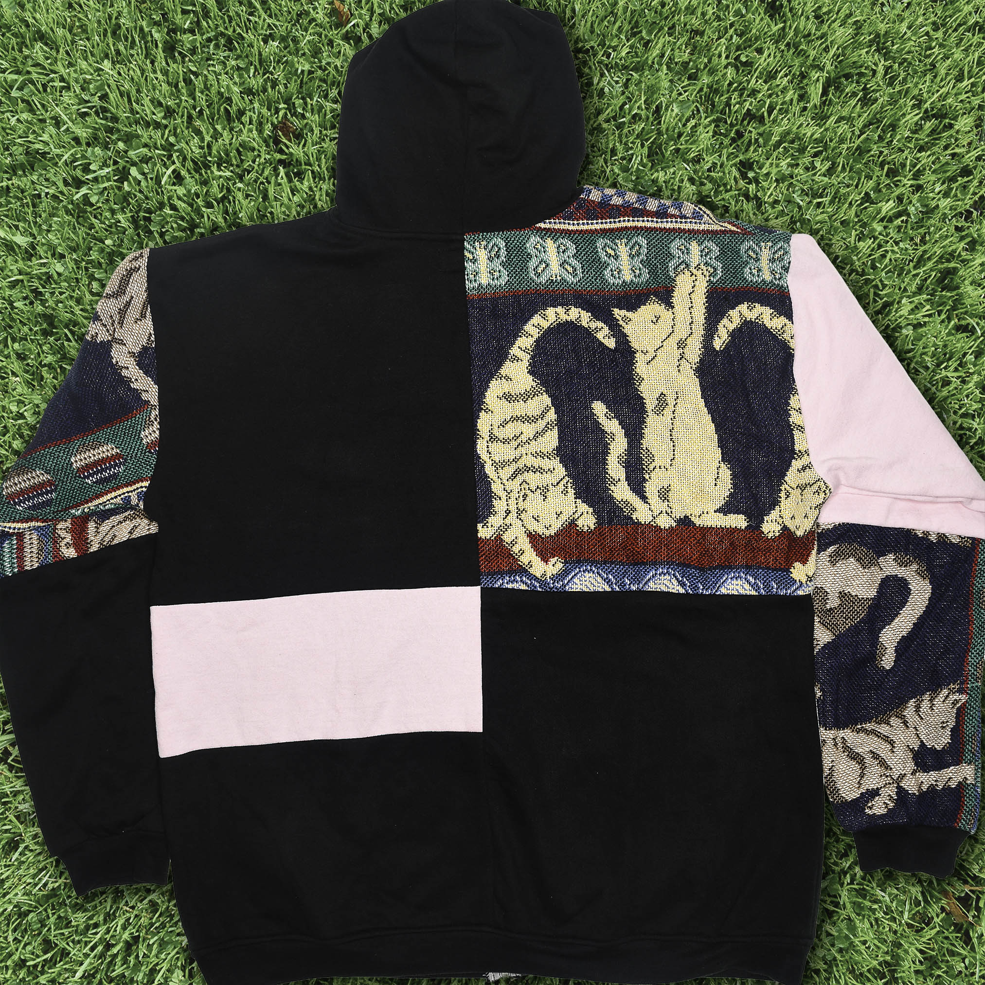 Playful Cat Patchwork Tapestry Zip Up Hoodie
