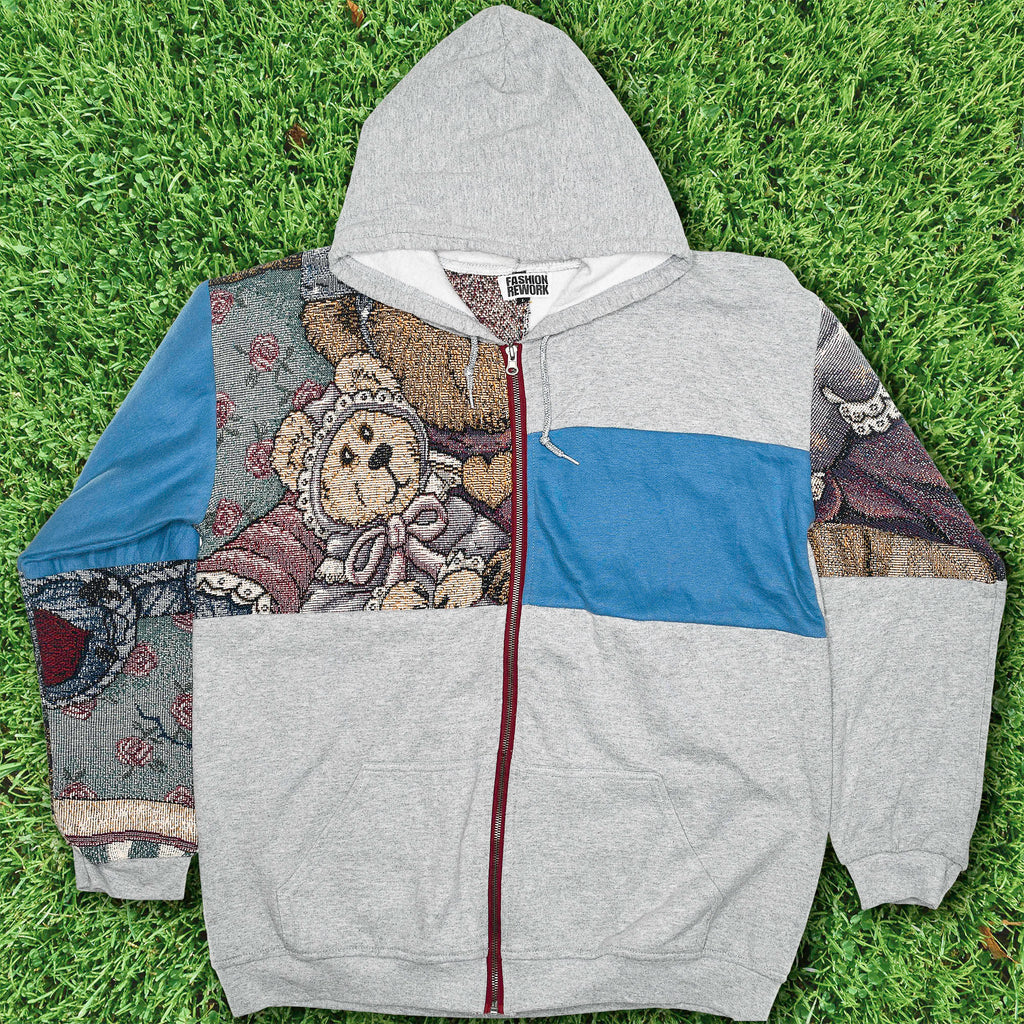 Teddy Bear Patchwork Tapestry Zip Up Hoodie