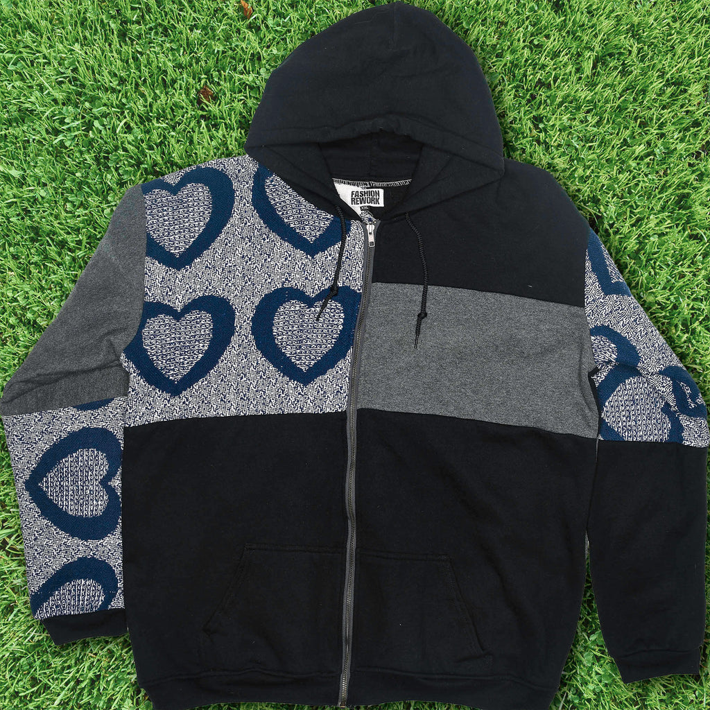 Blue Heart Patchwork Tapestry Zip Up Hoodie