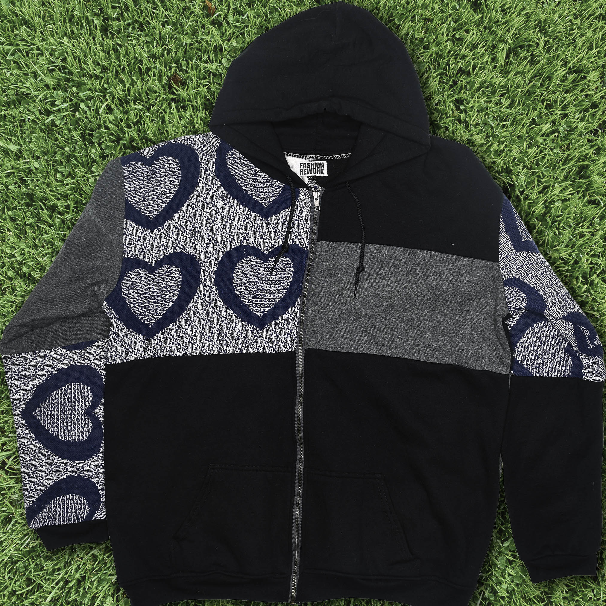 Blue Heart Patchwork Tapestry Zip Up Hoodie
