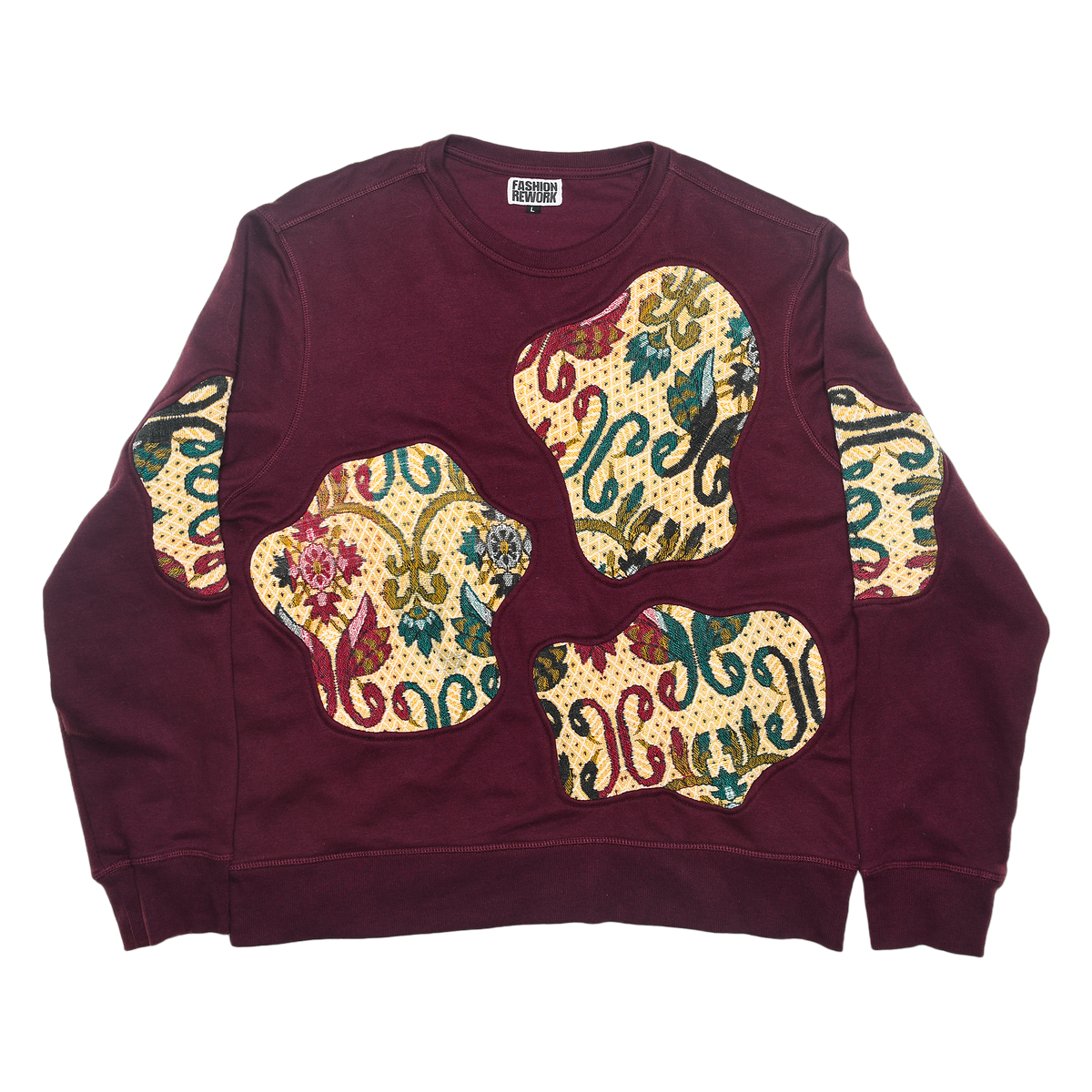 Burgundy Patchwork Appliqué Amoeba Tapestry Pullover