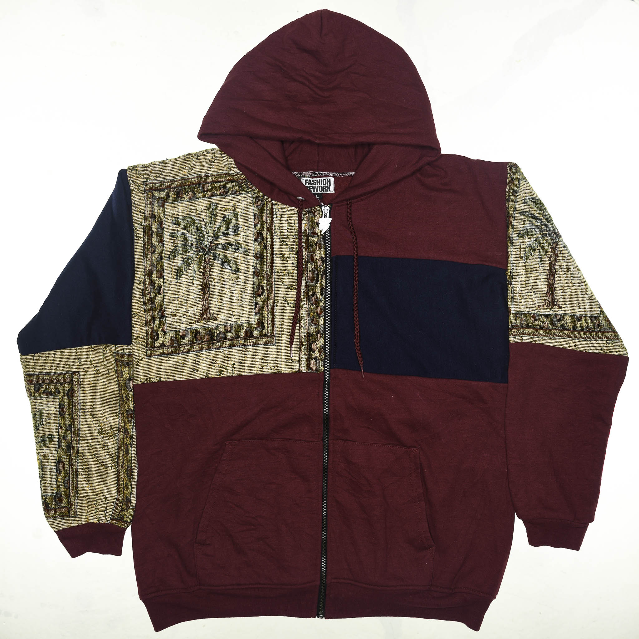 Vintage Palm Tree Patchwork Tapestry Zip Up Hoodie