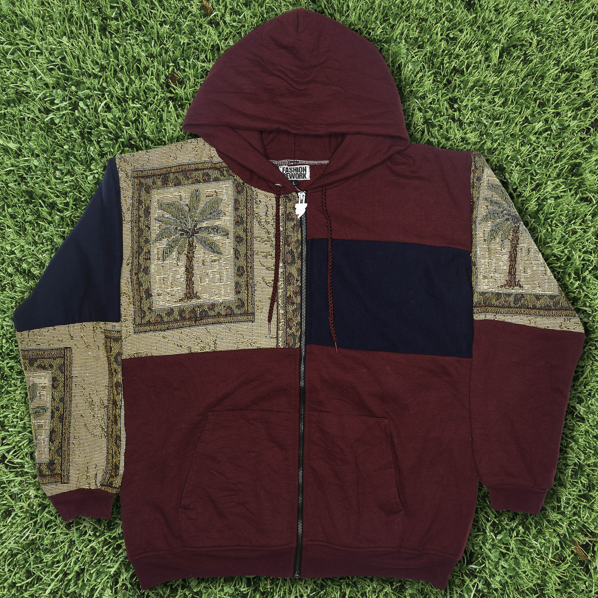 Vintage Palm Tree Patchwork Tapestry Zip Up Hoodie