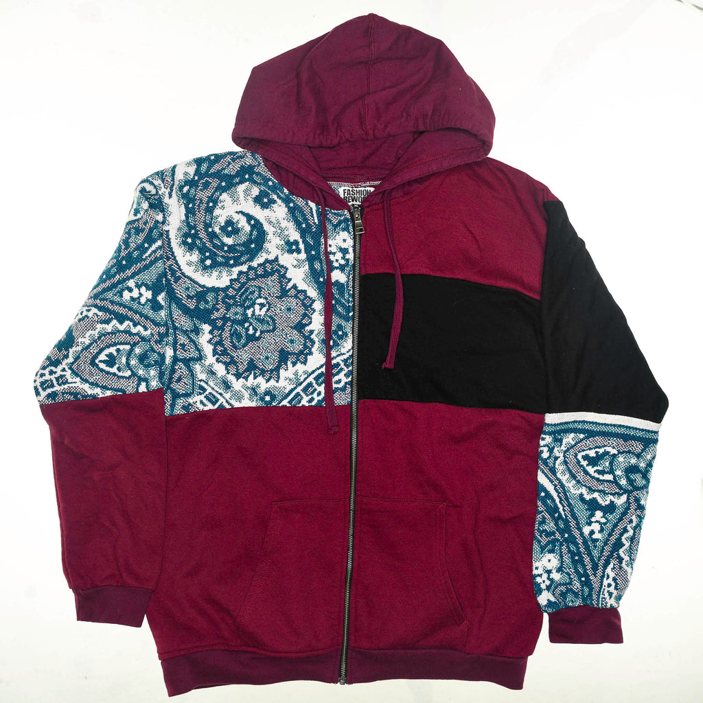 Crimson Paisley Tapestry Patch Hoodie — Upcycled Streetwear Zip-Up