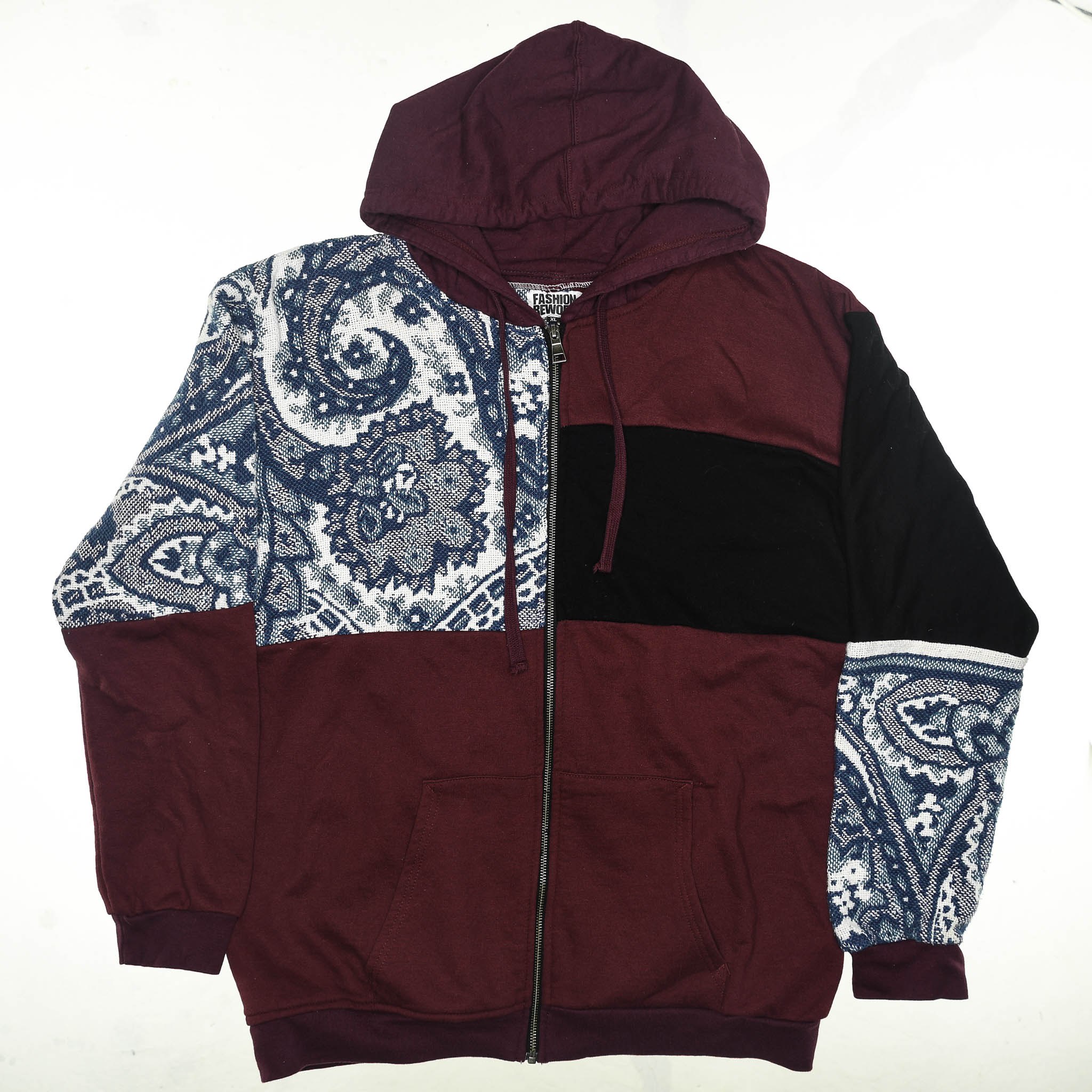 Crimson Paisley Tapestry Patch Hoodie — Upcycled Streetwear Zip-Up