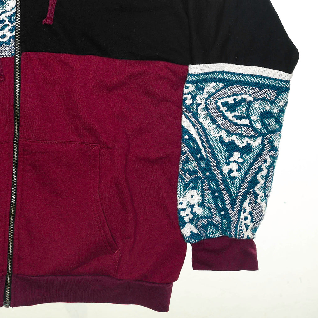 Crimson Paisley Tapestry Patch Hoodie — Upcycled Streetwear Zip-Up