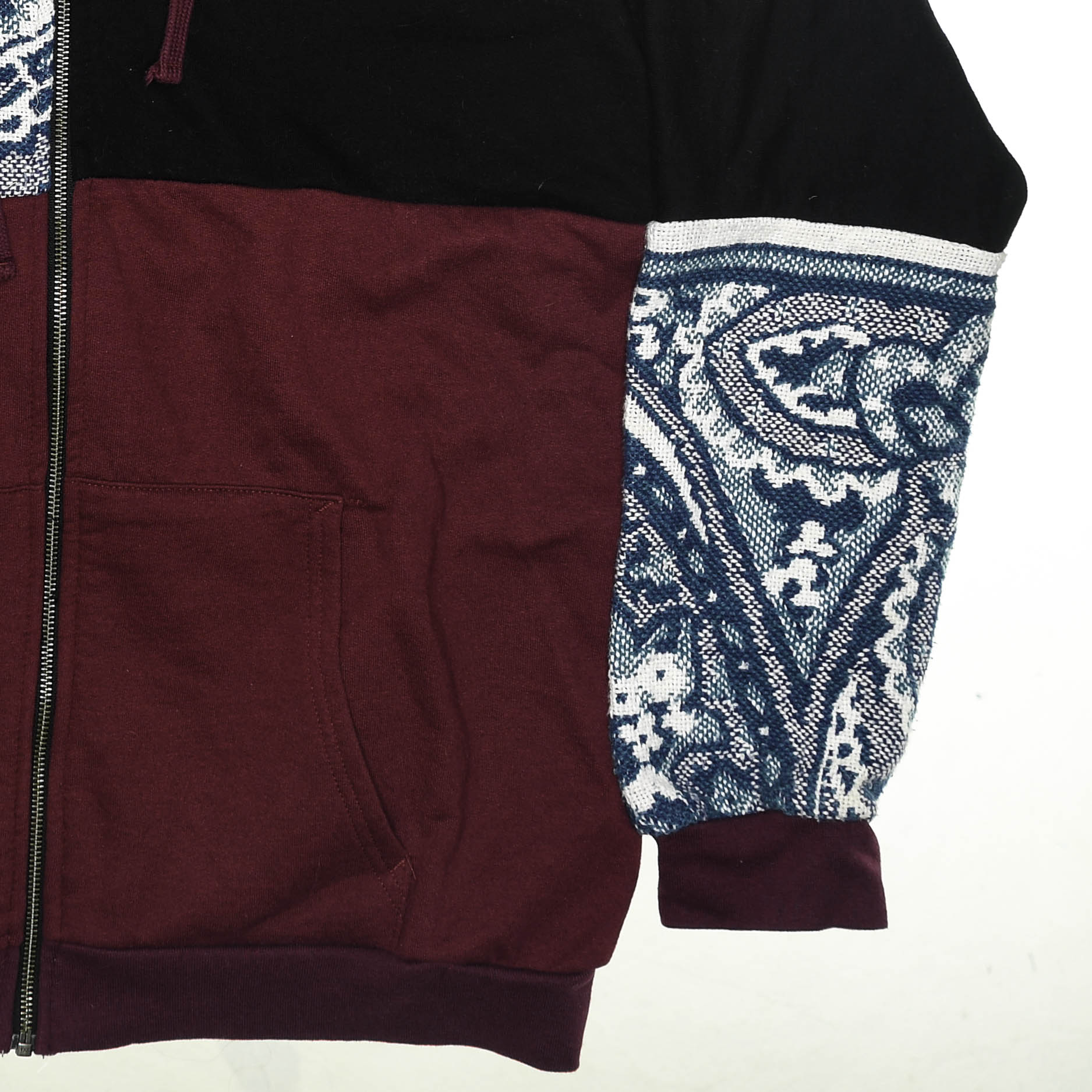 Crimson Paisley Tapestry Patch Hoodie — Upcycled Streetwear Zip-Up