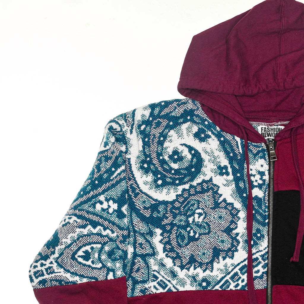 Crimson Paisley Tapestry Patch Hoodie — Upcycled Streetwear Zip-Up