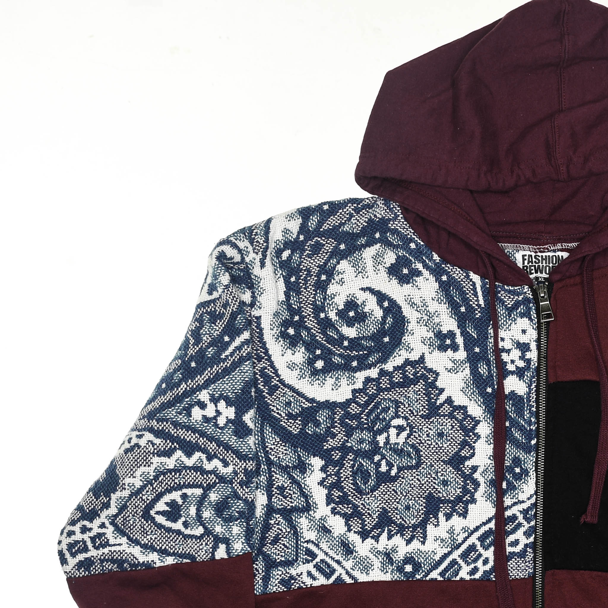 Crimson Paisley Tapestry Patch Hoodie — Upcycled Streetwear Zip-Up