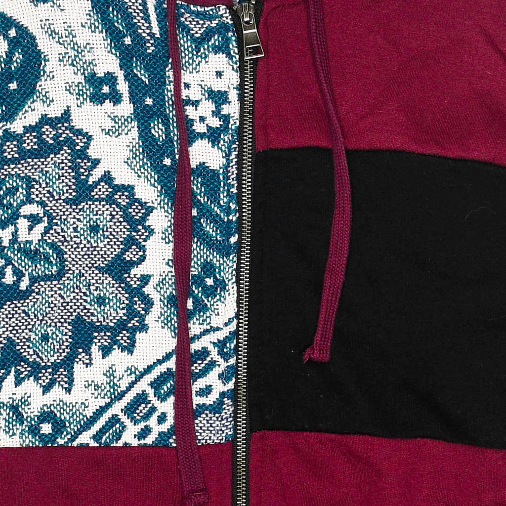 Crimson Paisley Tapestry Patch Hoodie — Upcycled Streetwear Zip-Up