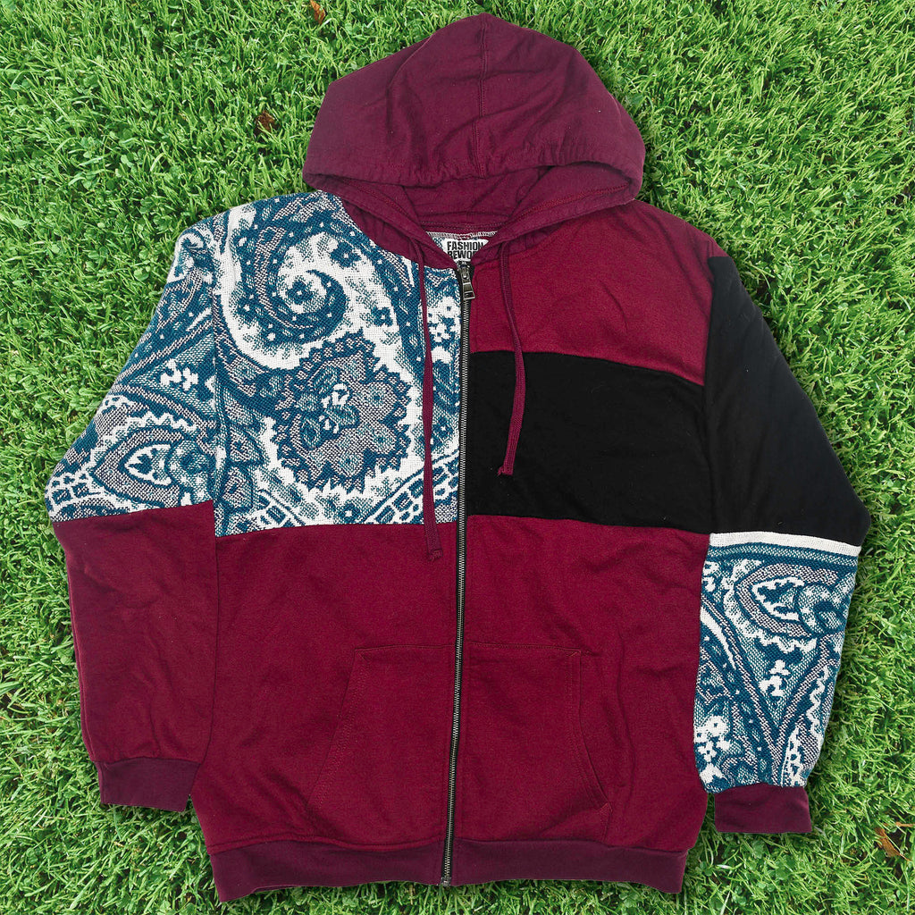 Crimson Paisley Tapestry Patch Hoodie — Upcycled Streetwear Zip-Up