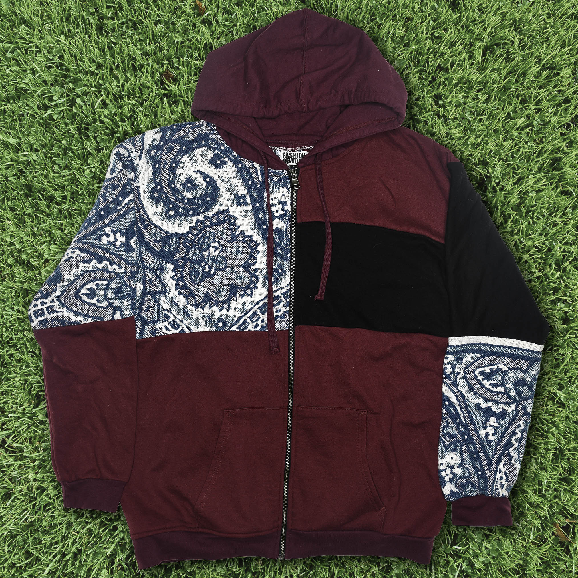 Crimson Paisley Tapestry Patch Hoodie — Upcycled Streetwear Zip-Up