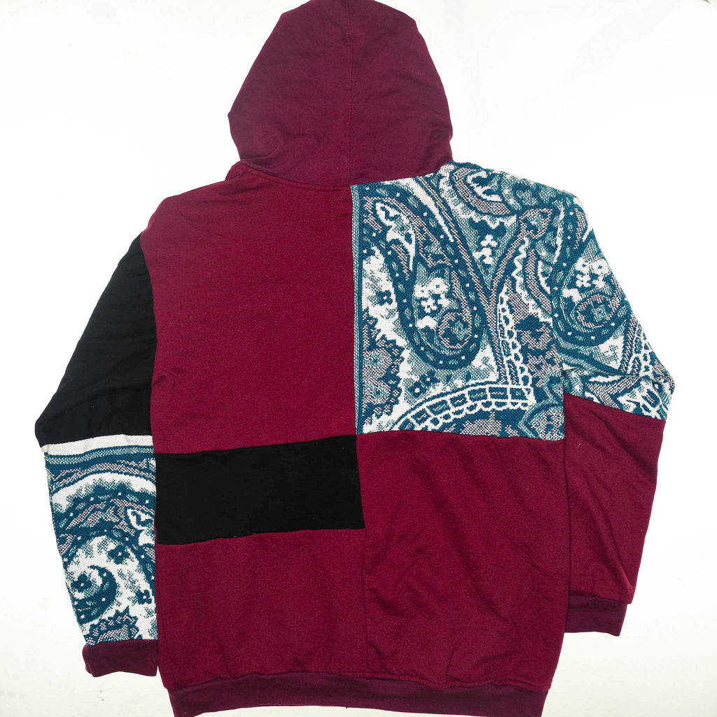 Crimson Paisley Tapestry Patch Hoodie — Upcycled Streetwear Zip-Up