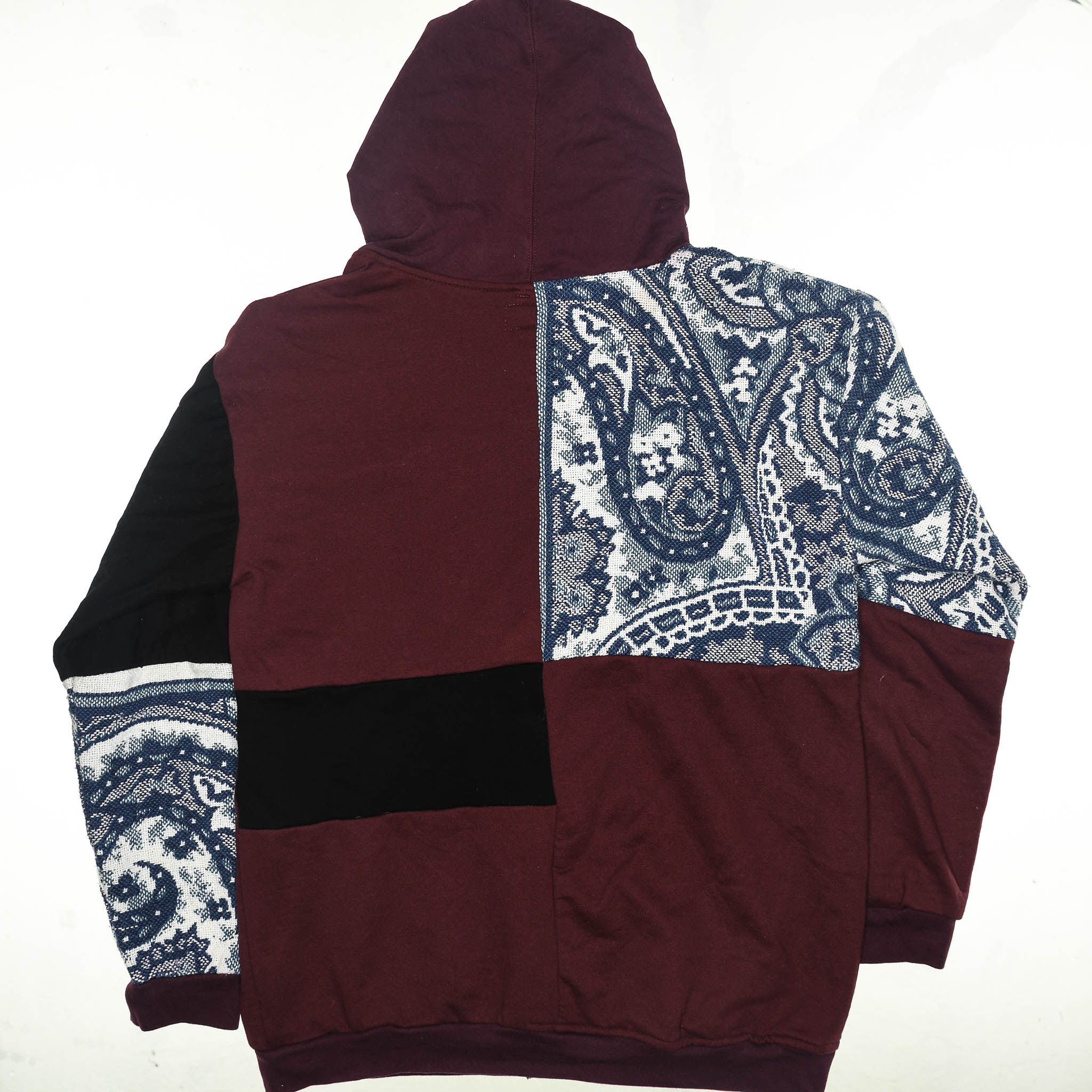 Crimson Paisley Tapestry Patch Hoodie — Upcycled Streetwear Zip-Up