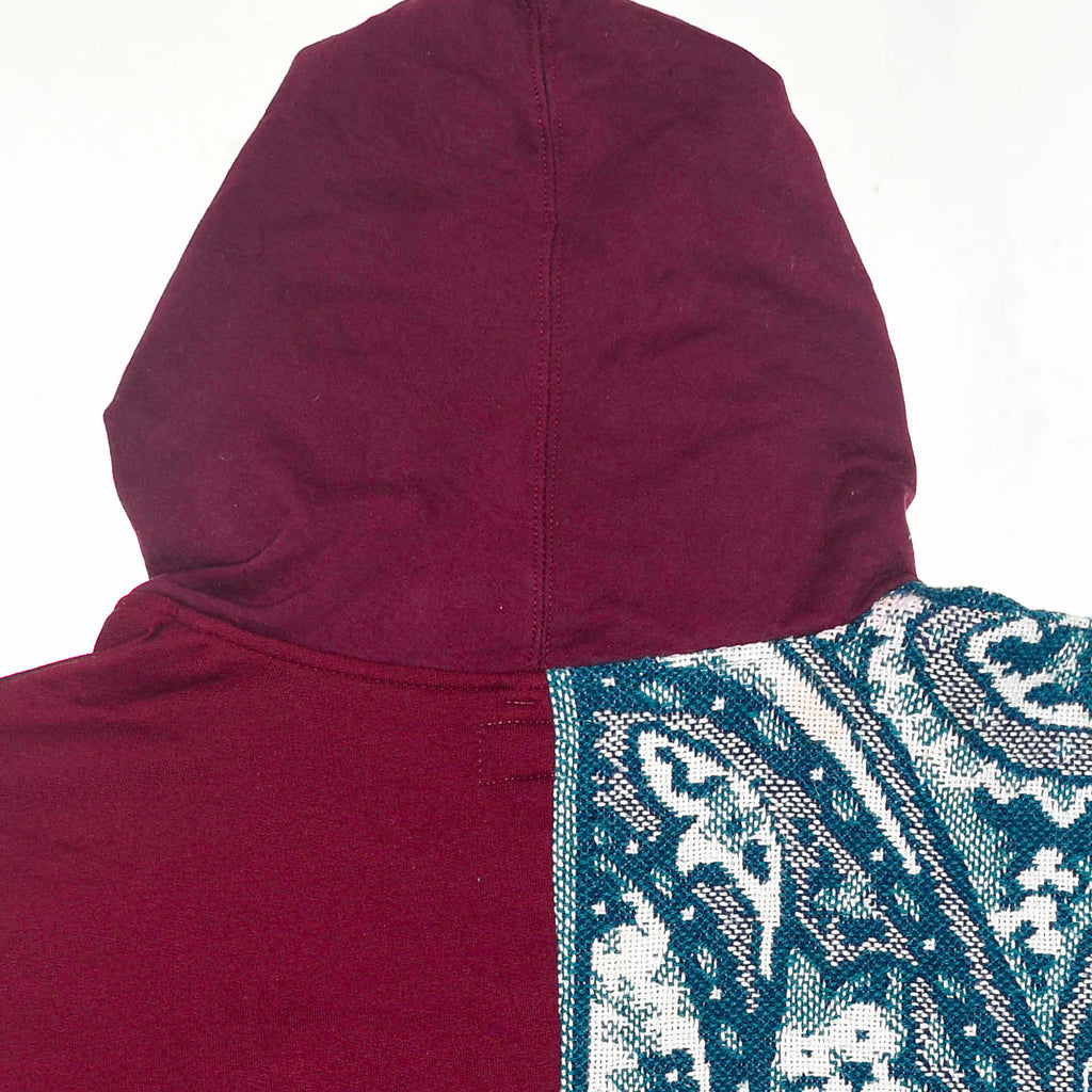 Crimson Paisley Tapestry Patch Hoodie — Upcycled Streetwear Zip-Up