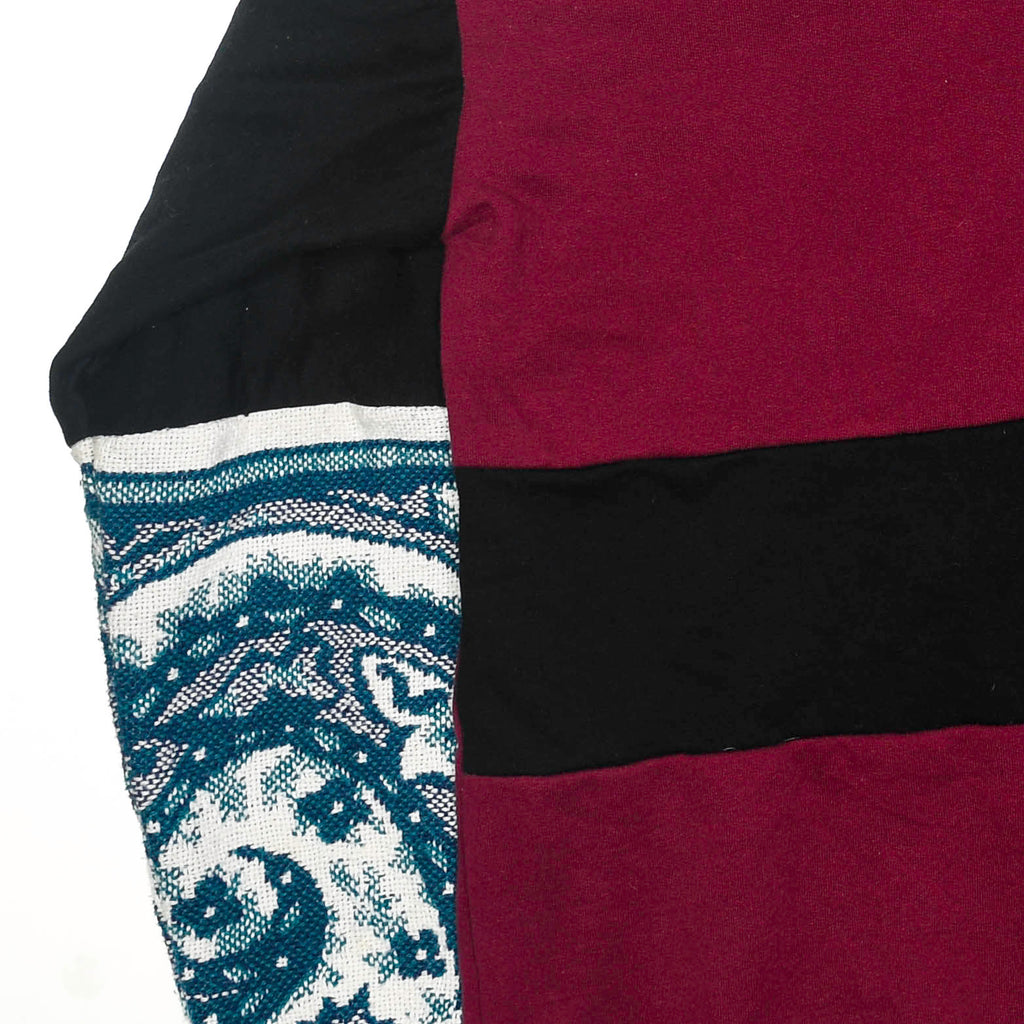 Crimson Paisley Tapestry Patch Hoodie — Upcycled Streetwear Zip-Up