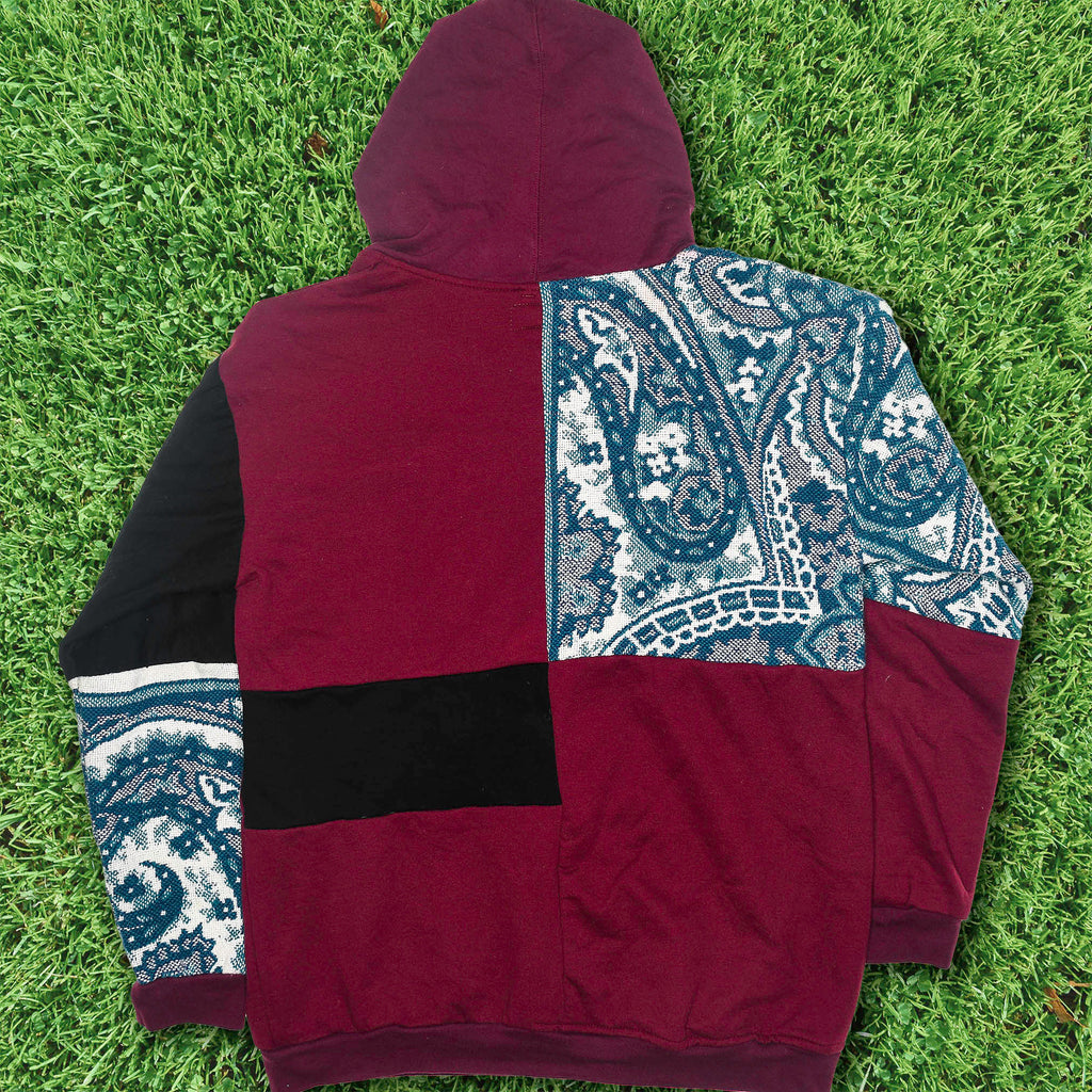 Crimson Paisley Tapestry Patch Hoodie — Upcycled Streetwear Zip-Up