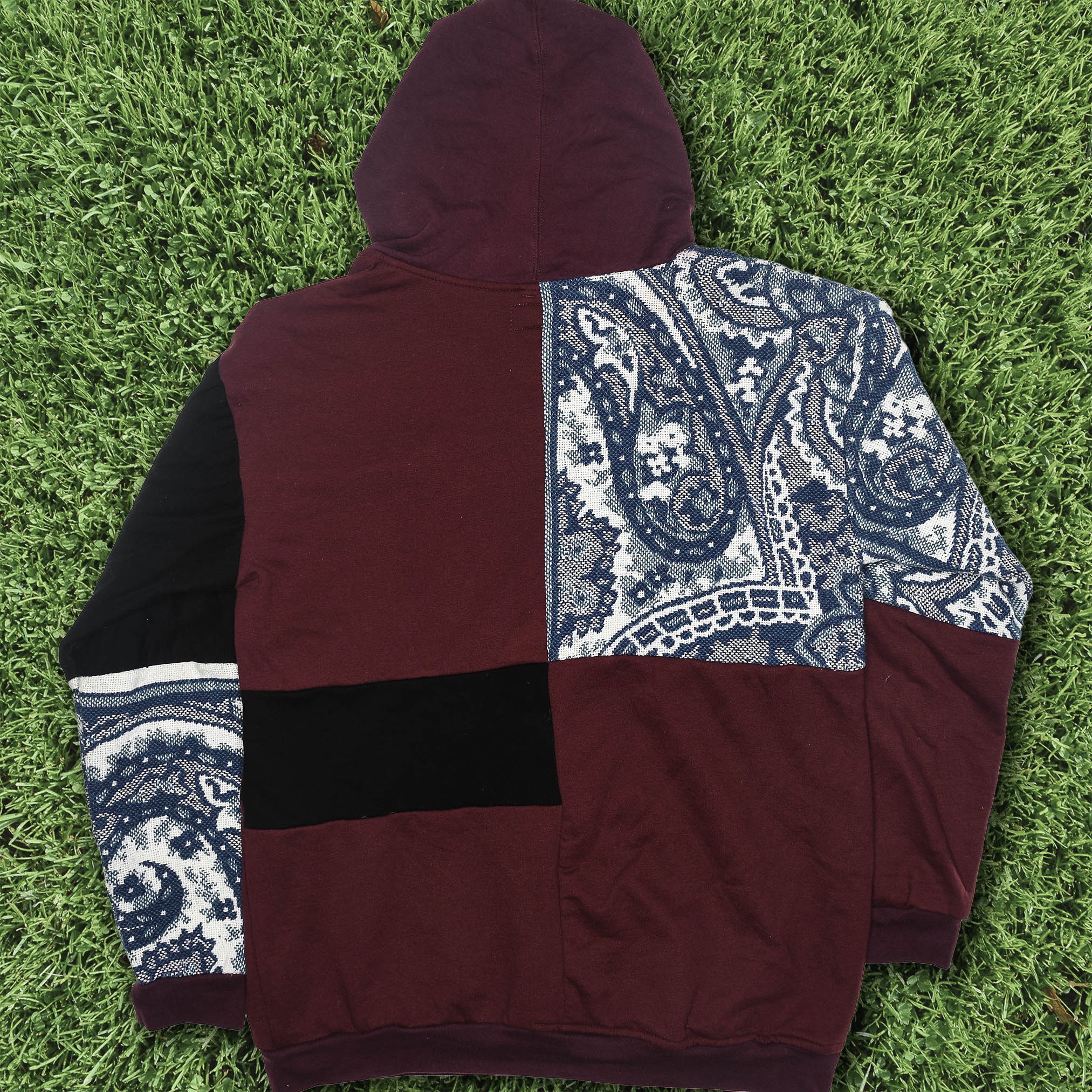 Crimson Paisley Tapestry Patch Hoodie — Upcycled Streetwear Zip-Up