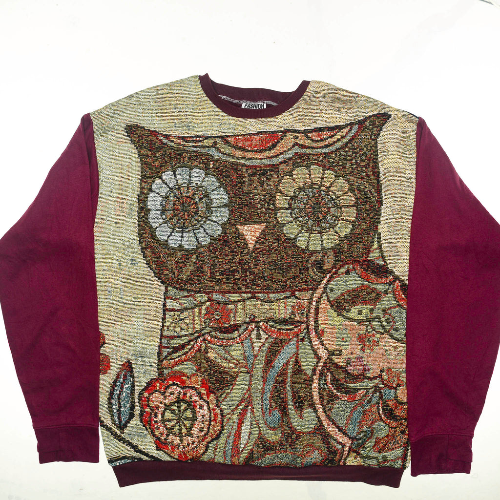 Midnight Owl Full Tapestry Panel Pullover — Retro Folk Art Sweatshirt