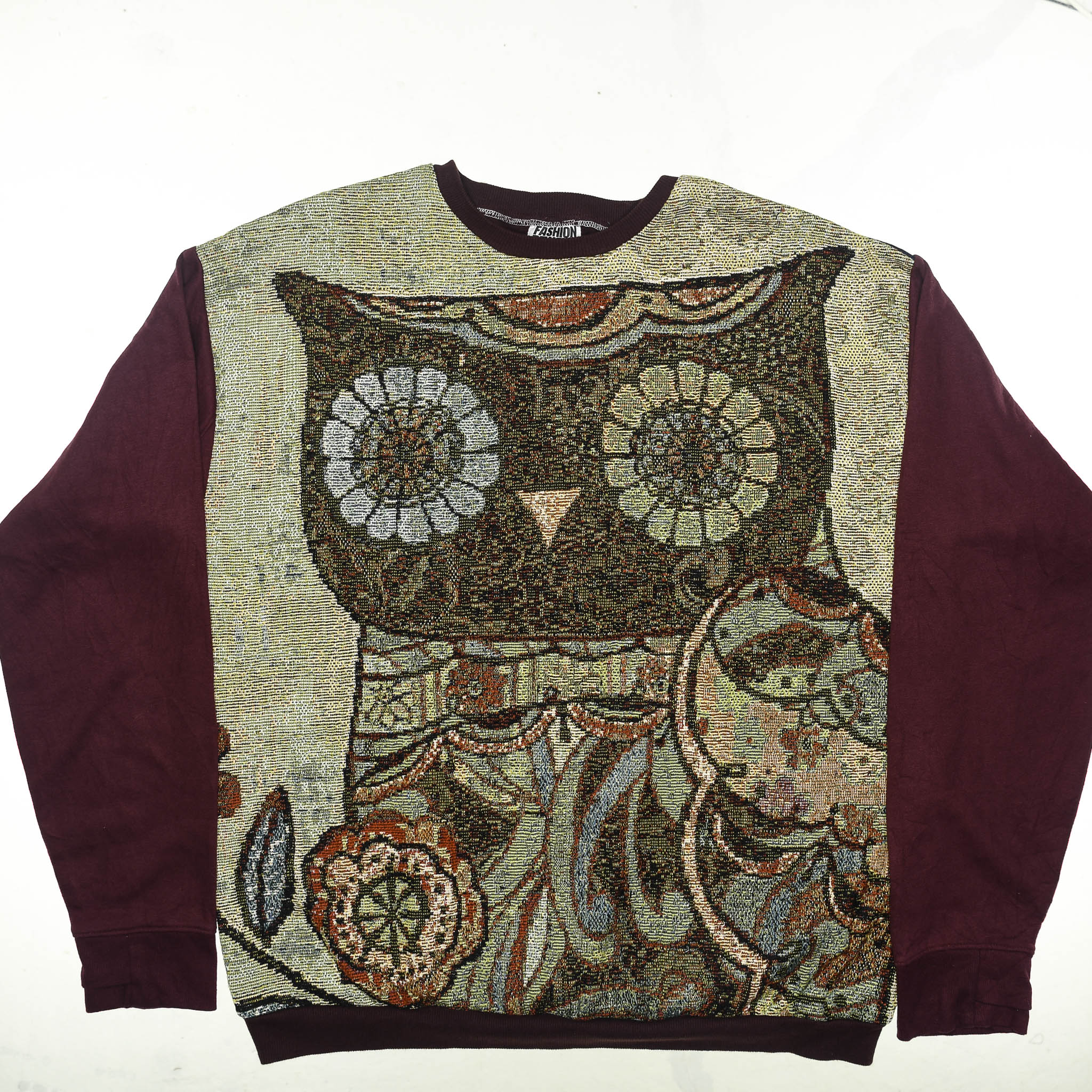 Midnight Owl Full Tapestry Panel Pullover — Retro Folk Art Sweatshirt