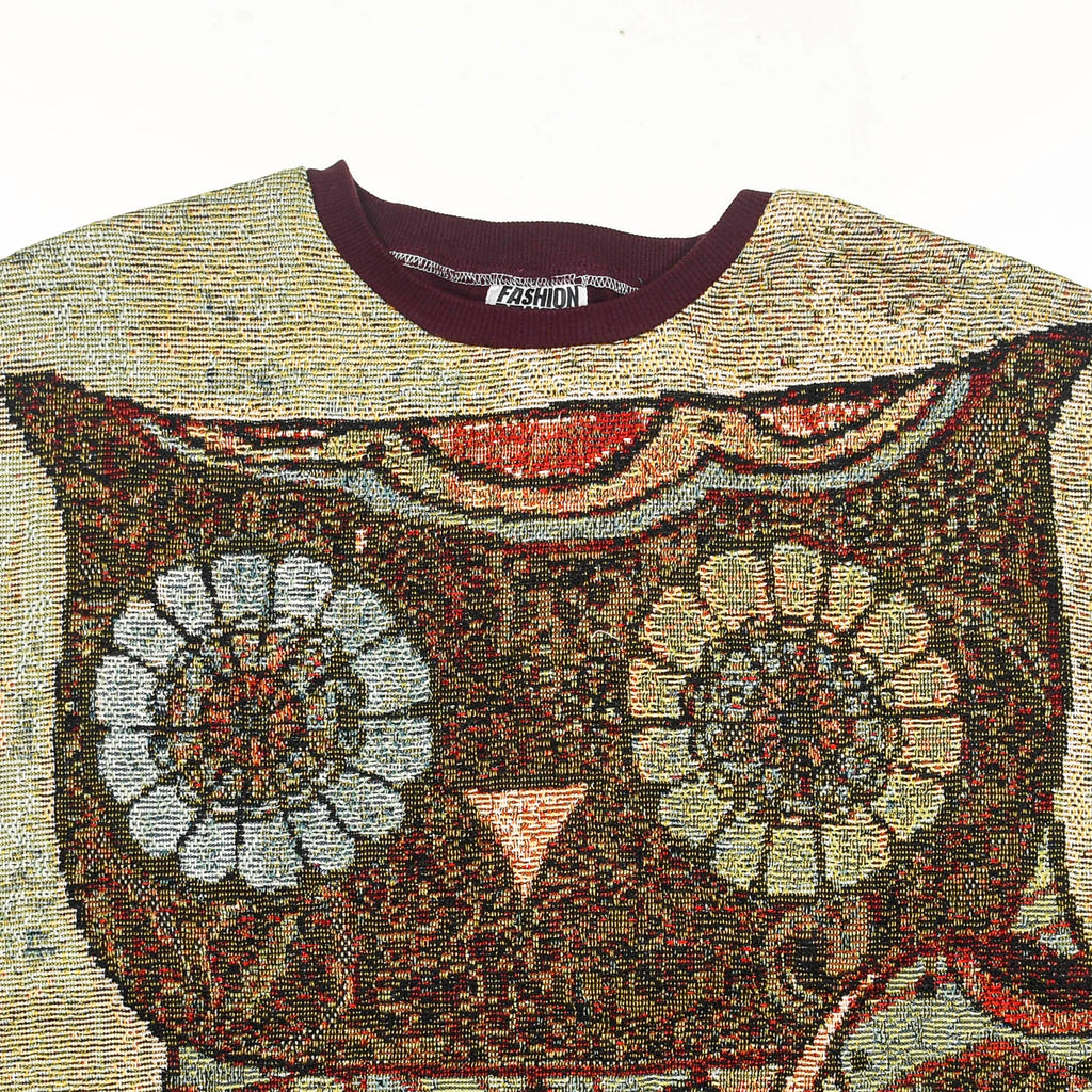 Midnight Owl Full Tapestry Panel Pullover — Retro Folk Art Sweatshirt