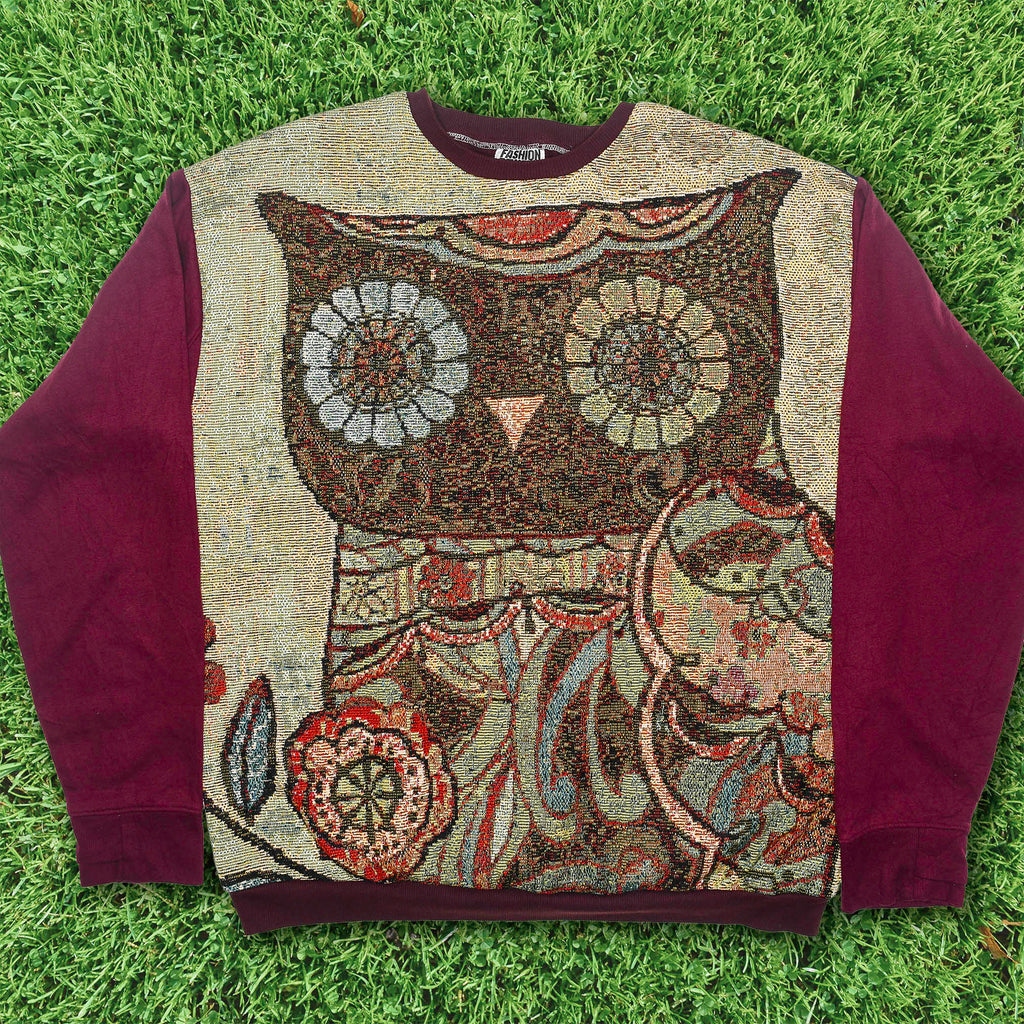 Midnight Owl Full Tapestry Panel Pullover — Retro Folk Art Sweatshirt
