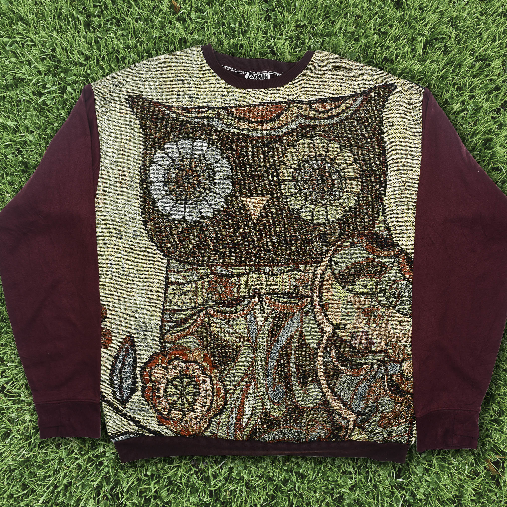 Midnight Owl Full Tapestry Panel Pullover — Retro Folk Art Sweatshirt