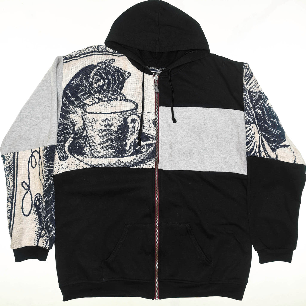 Cat & Milk Tapestry Patchwork Zip Up Hoodie