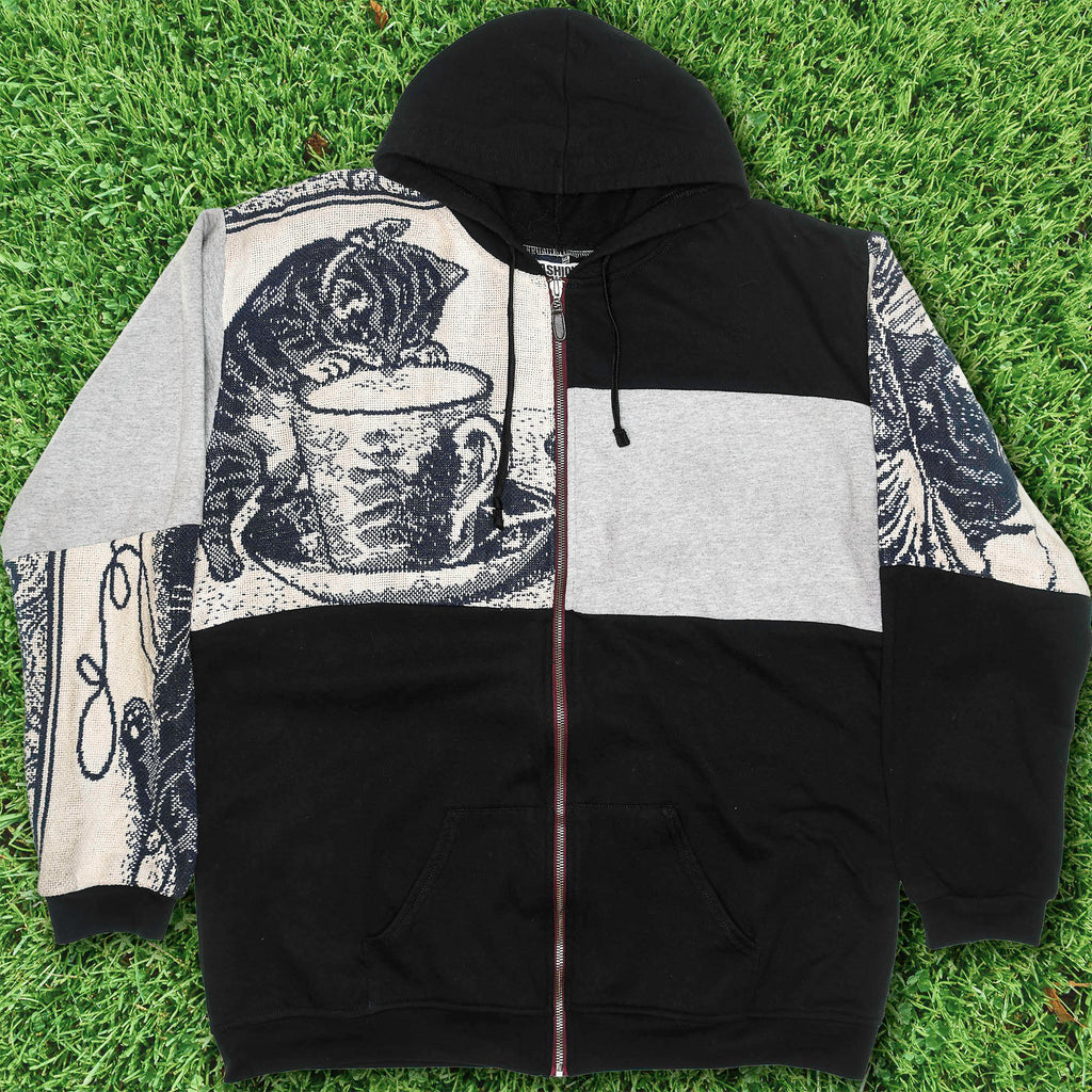 Cat & Milk Tapestry Patchwork Zip Up Hoodie